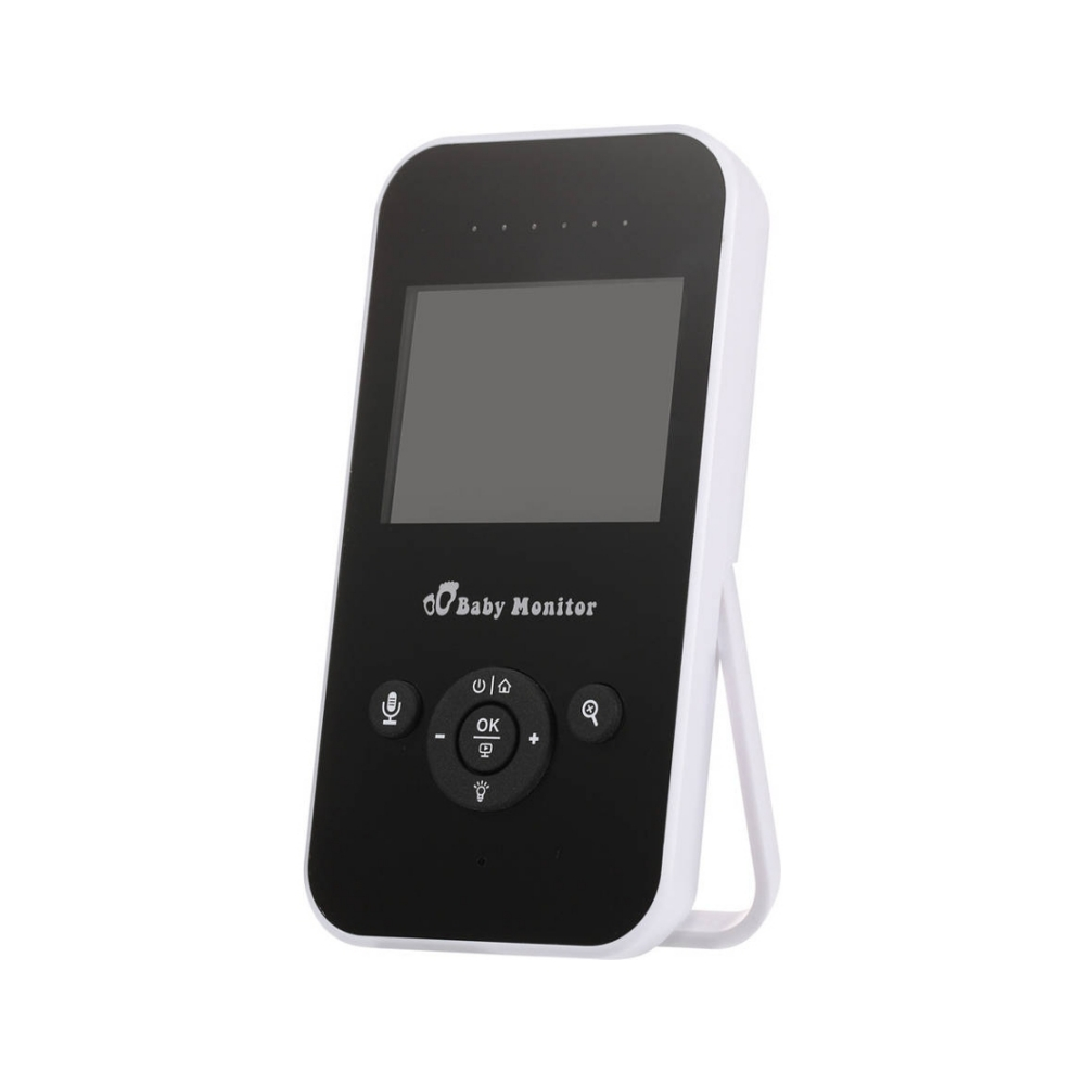 Ein Babyphone. Es hat einen schwarzen Bildschirm, einen weißen Rahmen und Knöpfe. Der Bildschirm zeigt einen leeren Bereich an.