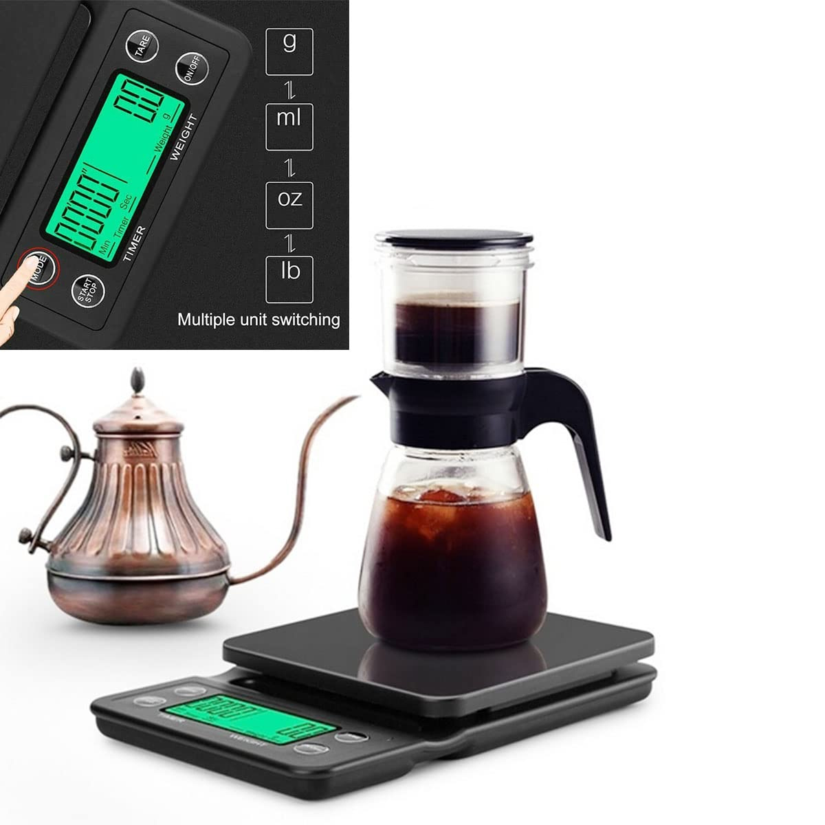Ein Kaffee-Setup umfasst eine Waage, einen Pour-Over mit Kaffee und einen Kupferkessel. Die Waage zeigt 0,0 Gramm. Mehrfache Umschaltung der Einheiten wird gezeigt.