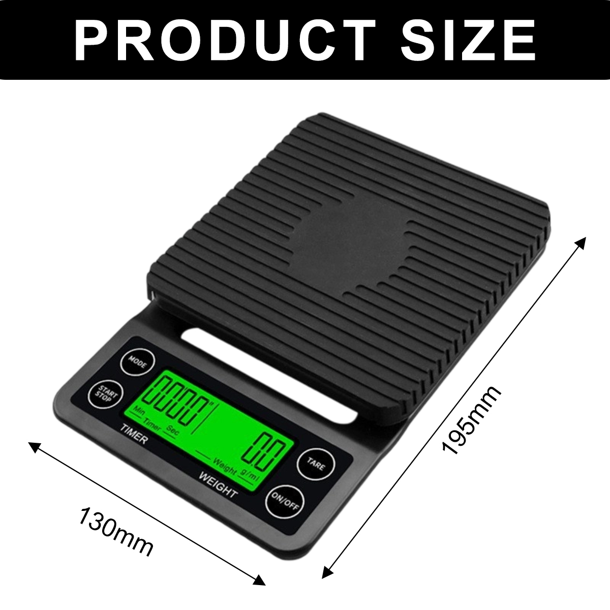 Eine schwarze digitale Küchenwaage mit den Maßen 130 mm und 195 mm. Die Waage zeigt Timer- und Gewichtswerte an.