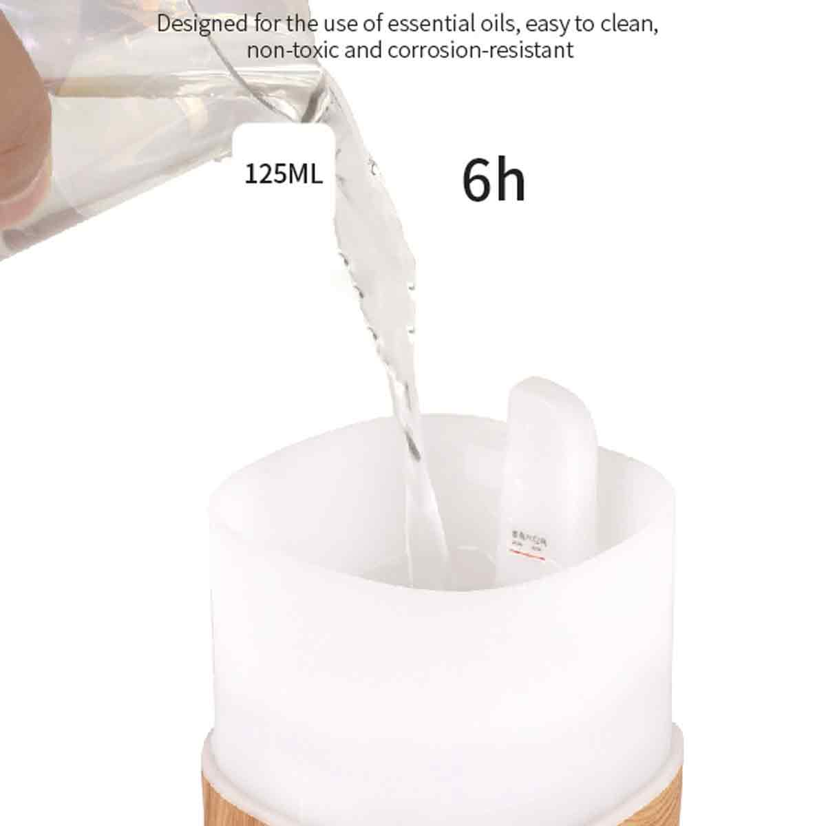 Wasser gießt in einen weißen Diffusor. Text: 125ML, 6h und Produkteigenschaften. Der Diffusor hat einen Holzsockel.