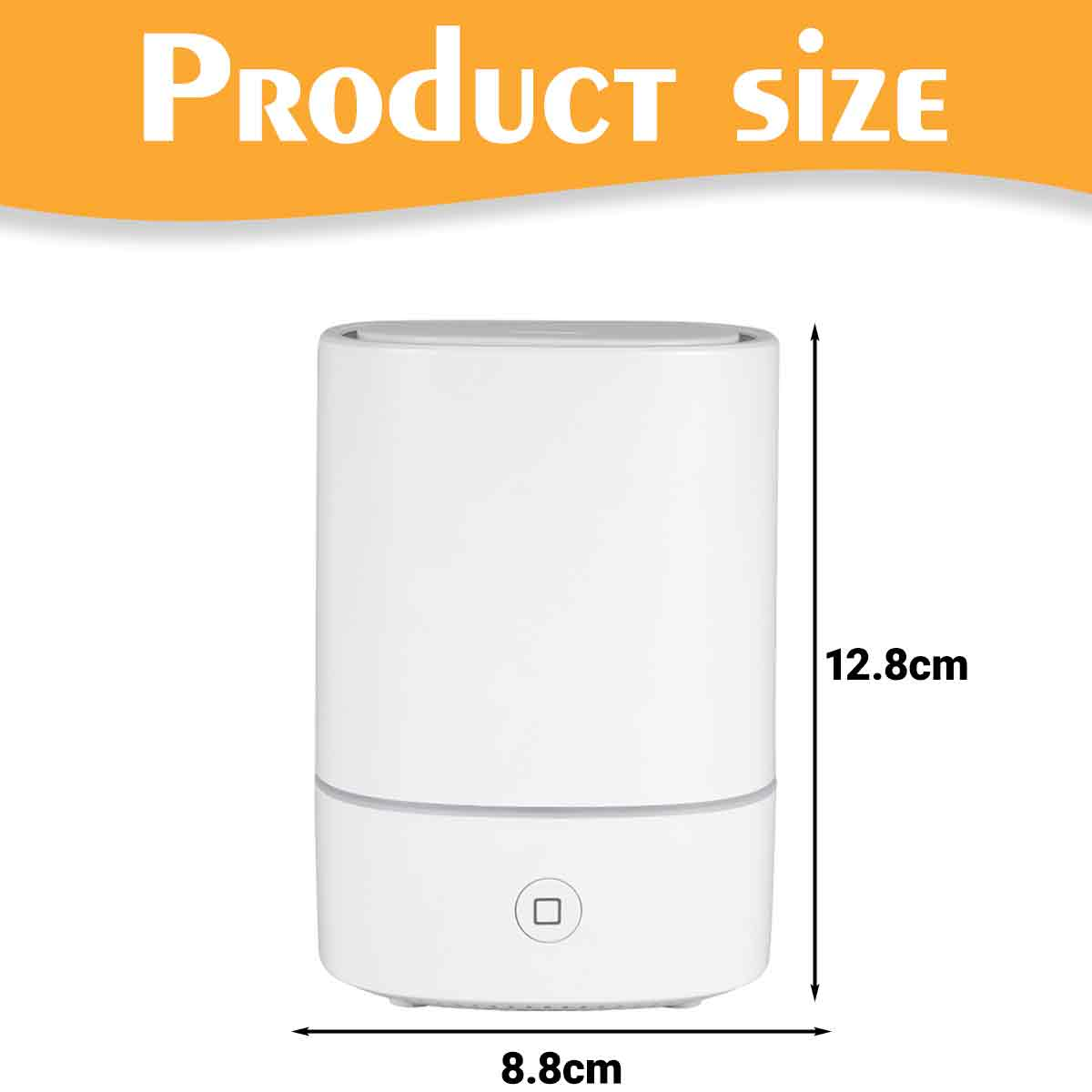 Ein weißes Produkt mit Größenangaben. Es ist zylindrisch mit abgerundeter Basis und Knopf. Abmessungen: 8,8 cm breit, 12,8 cm hoch.