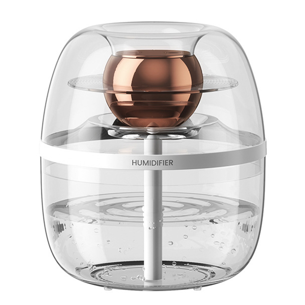 Ein durchsichtiger Luftbefeuchter mit kupferfarbenem Deckel. Die Basis enthält Wasser. Das Wort 'HUMIDIFIER' steht auf dem weißen Band.