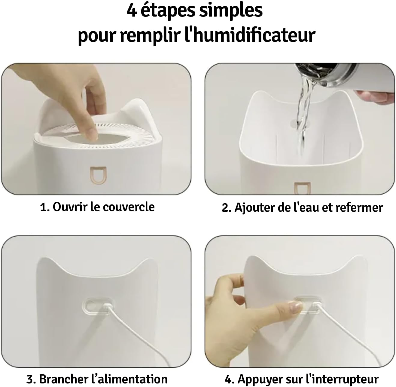 Vier Schritte zum Befüllen eines Luftbefeuchters. Deckel öffnen, Wasser hinzufügen, einstecken und Schalter drücken. Weißer Luftbefeuchter mit Handbewegungen.