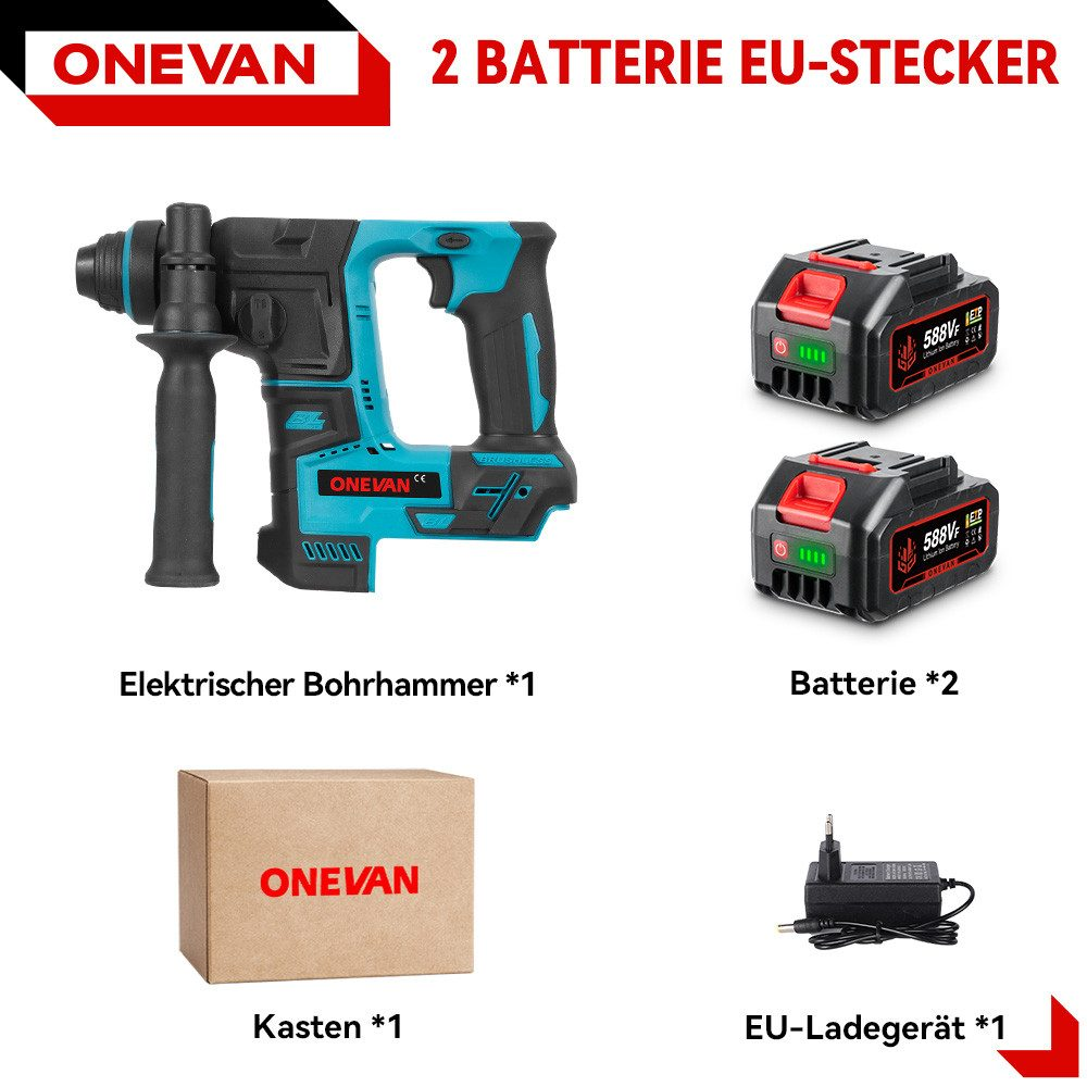 Das Bild zeigt einen Bohrer, zwei Batterien, einen Karton und ein Ladegerät. Der Bohrer ist schwarz und blaugrün. Die Batterien sind schwarz und rot.