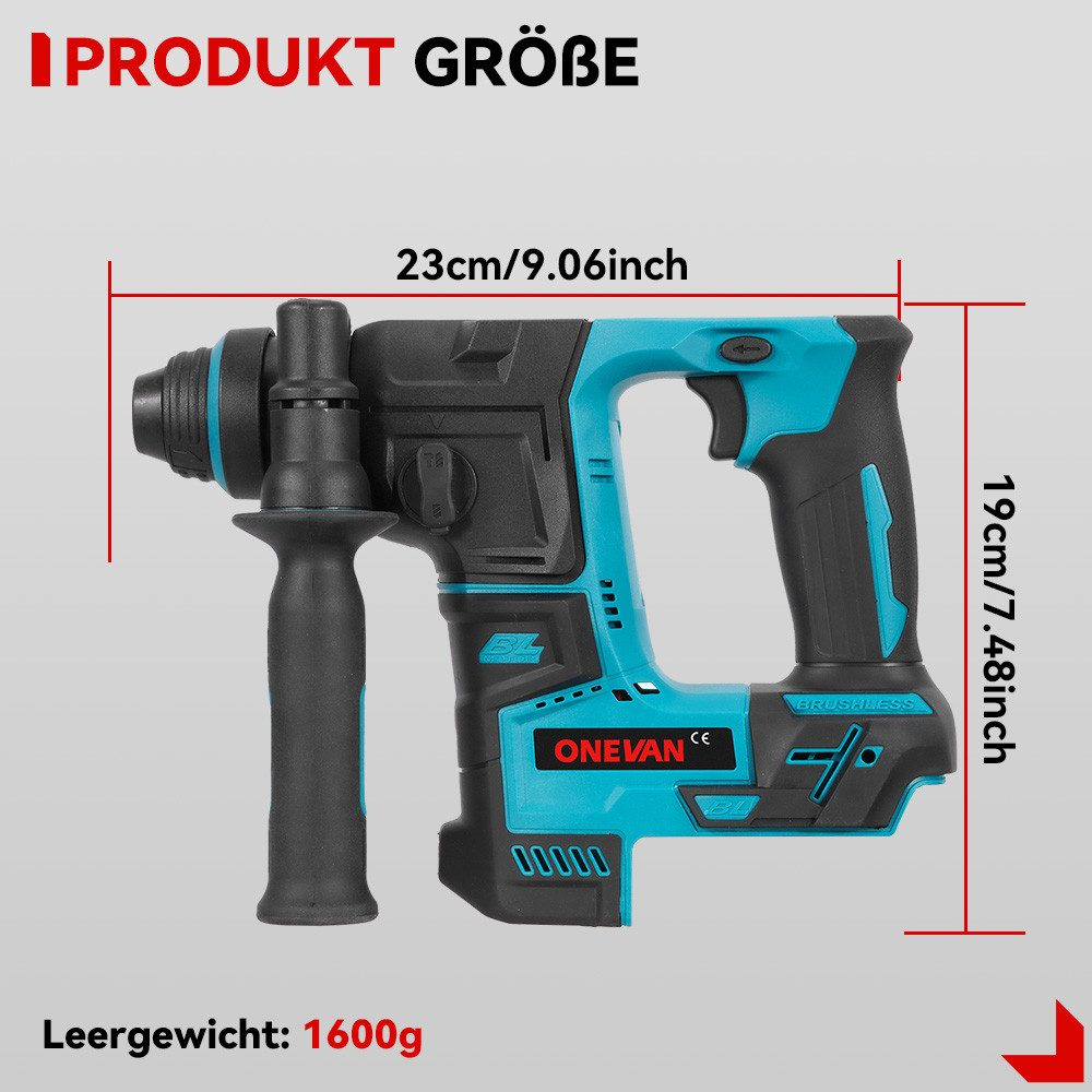 Ein blau-schwarzer Akku-Bohrhammer mit Maßangaben. Text: Produkt Größe, Leergewicht: 1600g und Marke ONEVAN.