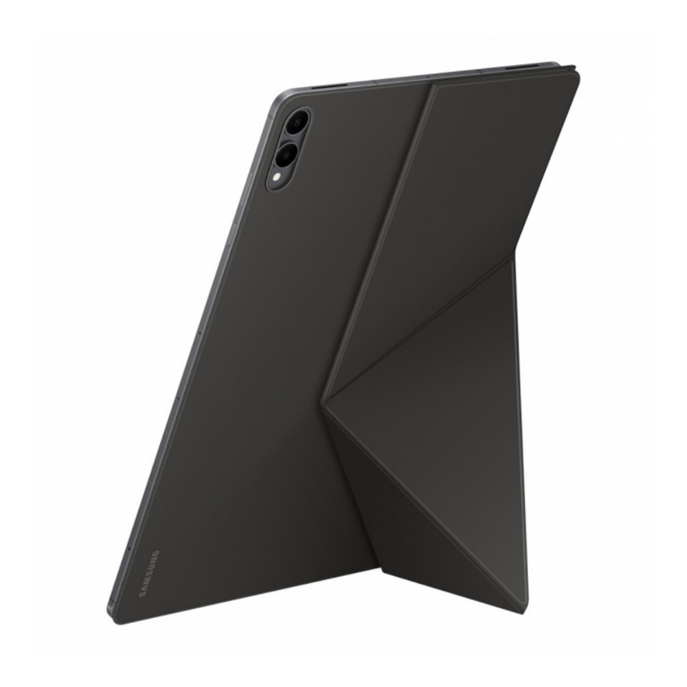 Un tablet Samsung nero con una cover pieghevole è appoggiato. Il tablet ha una fotocamera e il marchio è visibile.
