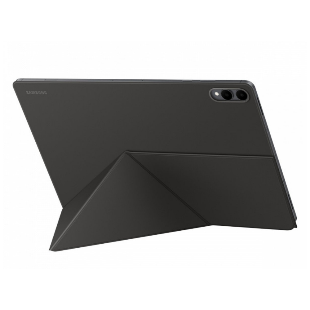 Un tablet nero con supporto pieghevole. Il tablet ha una fotocamera e il logo Samsung. Il supporto è triangolare.