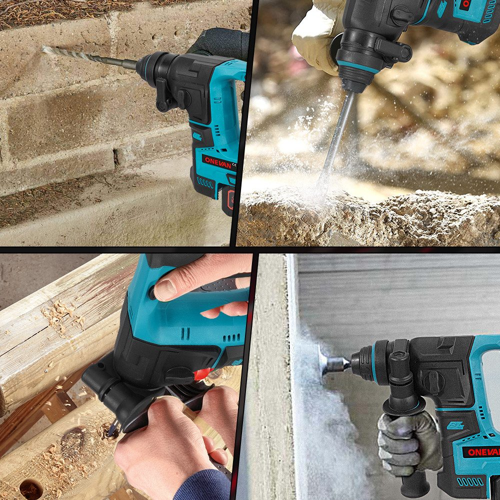 Eine Bohrmaschine wird auf Beton und Holz verwendet. Der Bohrer ist schwarz und blaugrün. Hände tragen Handschuhe. Staub und Trümmer sind sichtbar.
