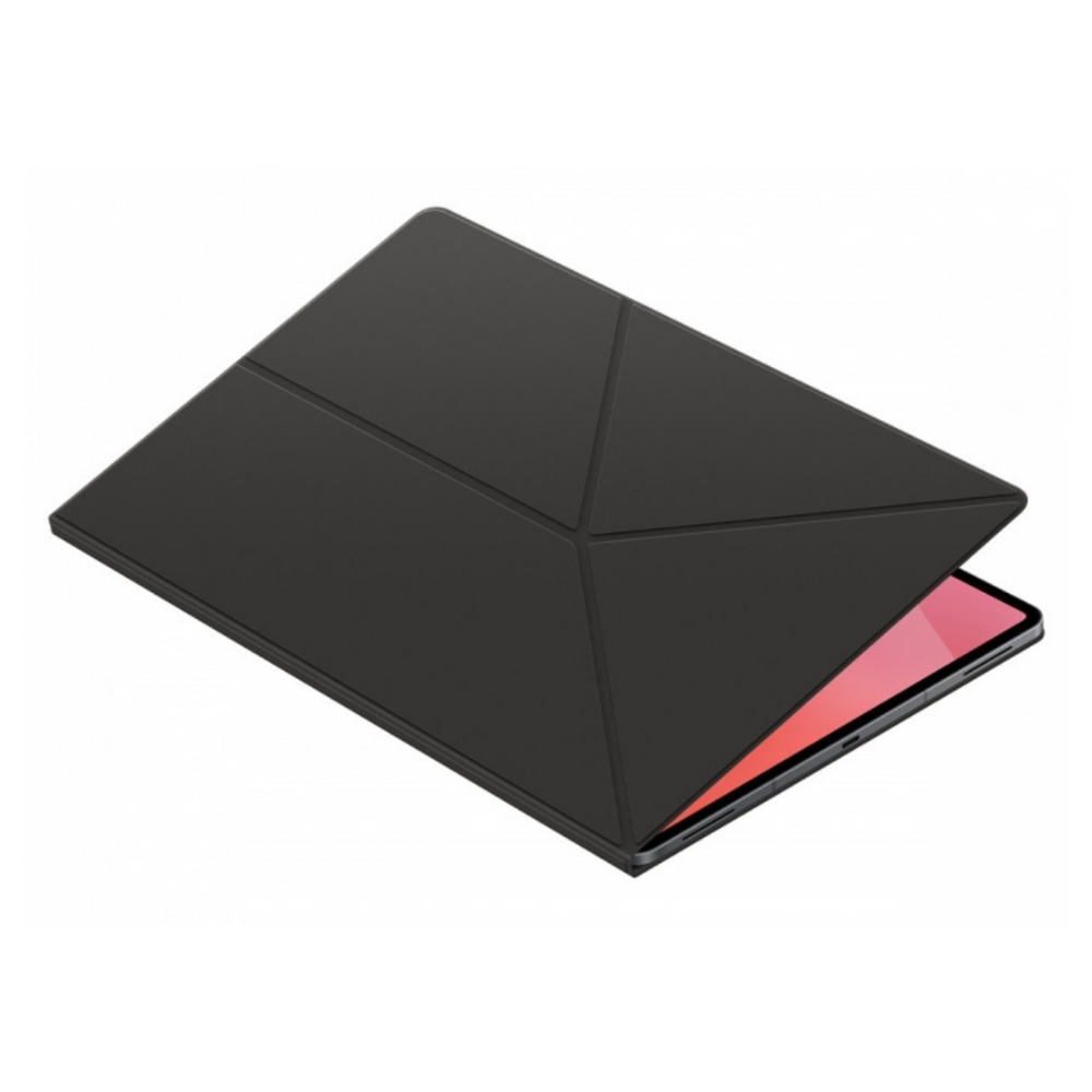 Una custodia nera per tablet è parzialmente aperta, rivelando uno schermo rosa. La custodia ha pieghe geometriche. Sfondo bianco.