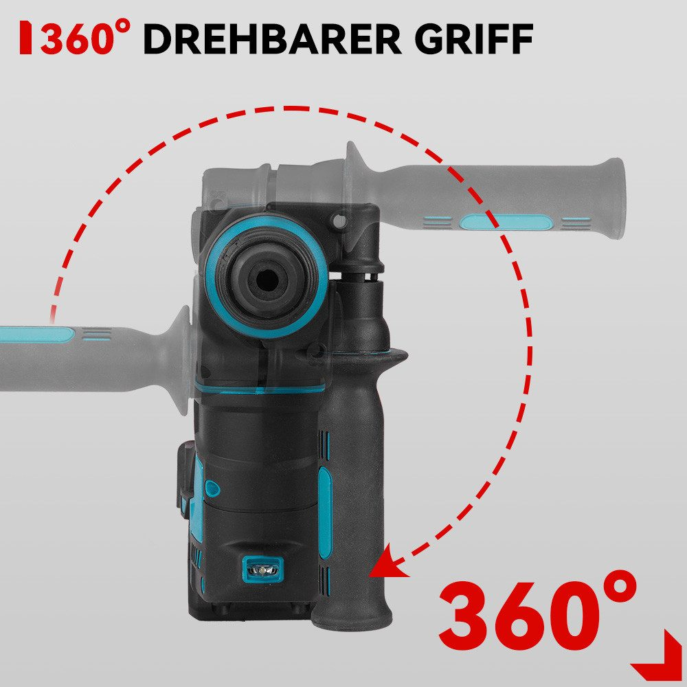 Ein schwarzer und blauer Bohrer mit einem um 360 Grad drehbaren Griff. Text sagt "360° drehbarer Griff" und "360°".