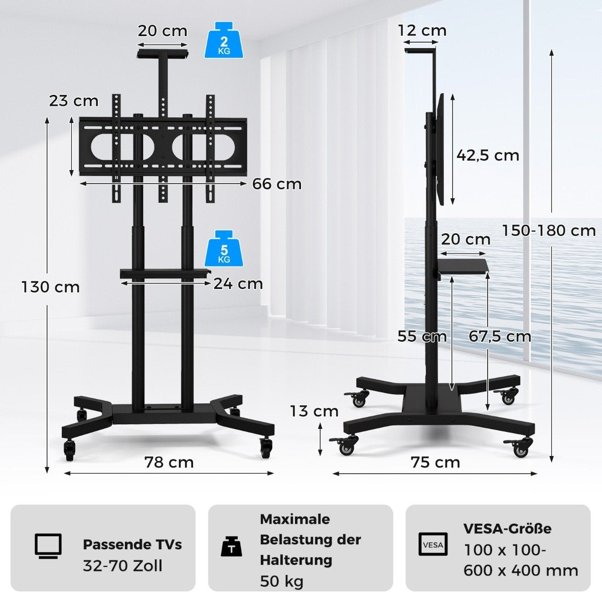 Un soporte de TV negro con medidas. Tiene ruedas, altura ajustable y soporta TVs de 32-70 pulgadas, hasta 50 kg.