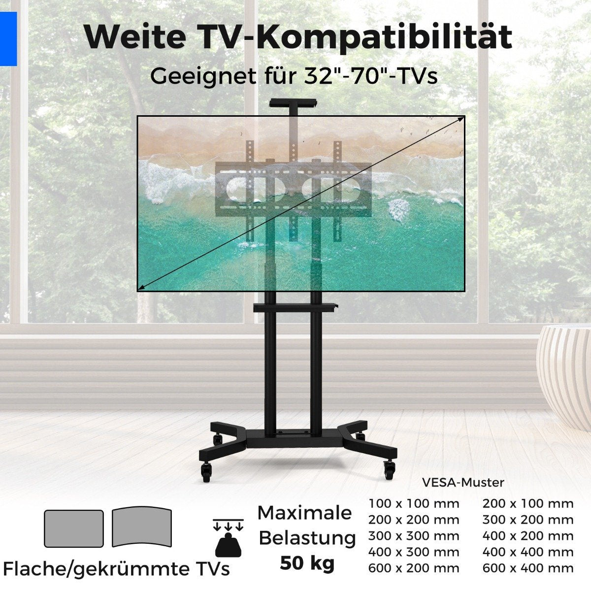 Soporte de TV negro con una pantalla de playa. Textos indican compatibilidad para TVs de 32-70 pulgadas y carga máxima de 50 kg.