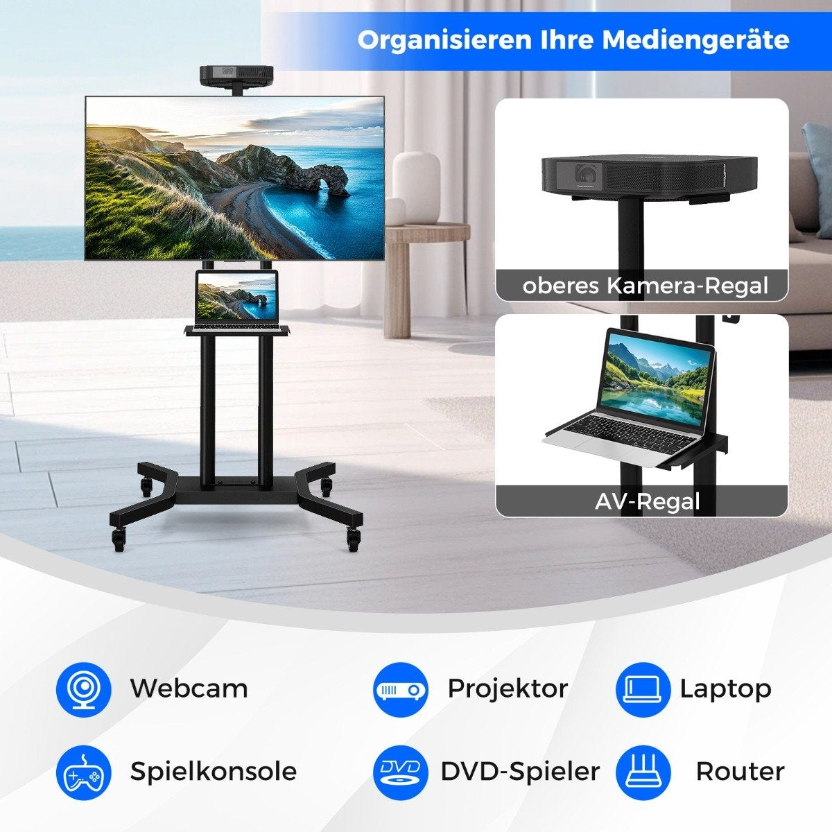 Un soporte de TV negro con TV, portátil y proyector. Iconos de webcam, proyector, portátil, etc. aparecen abajo.