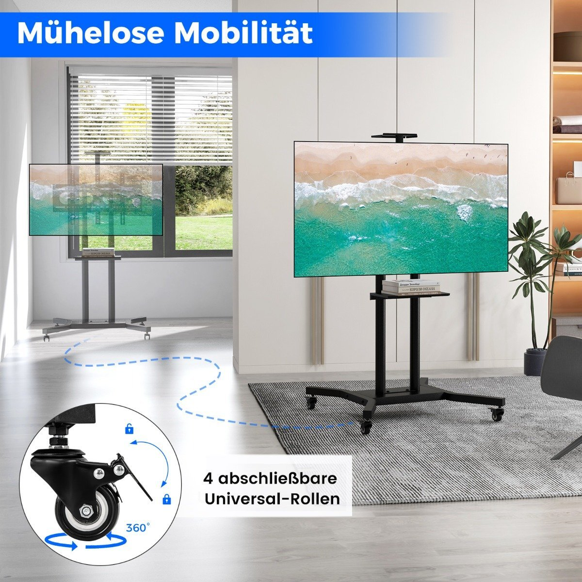 Un televisor grande en un soporte con ruedas muestra una escena de playa. El soporte tiene ruedas y un estante. Otro televisor en el fondo muestra la misma escena.