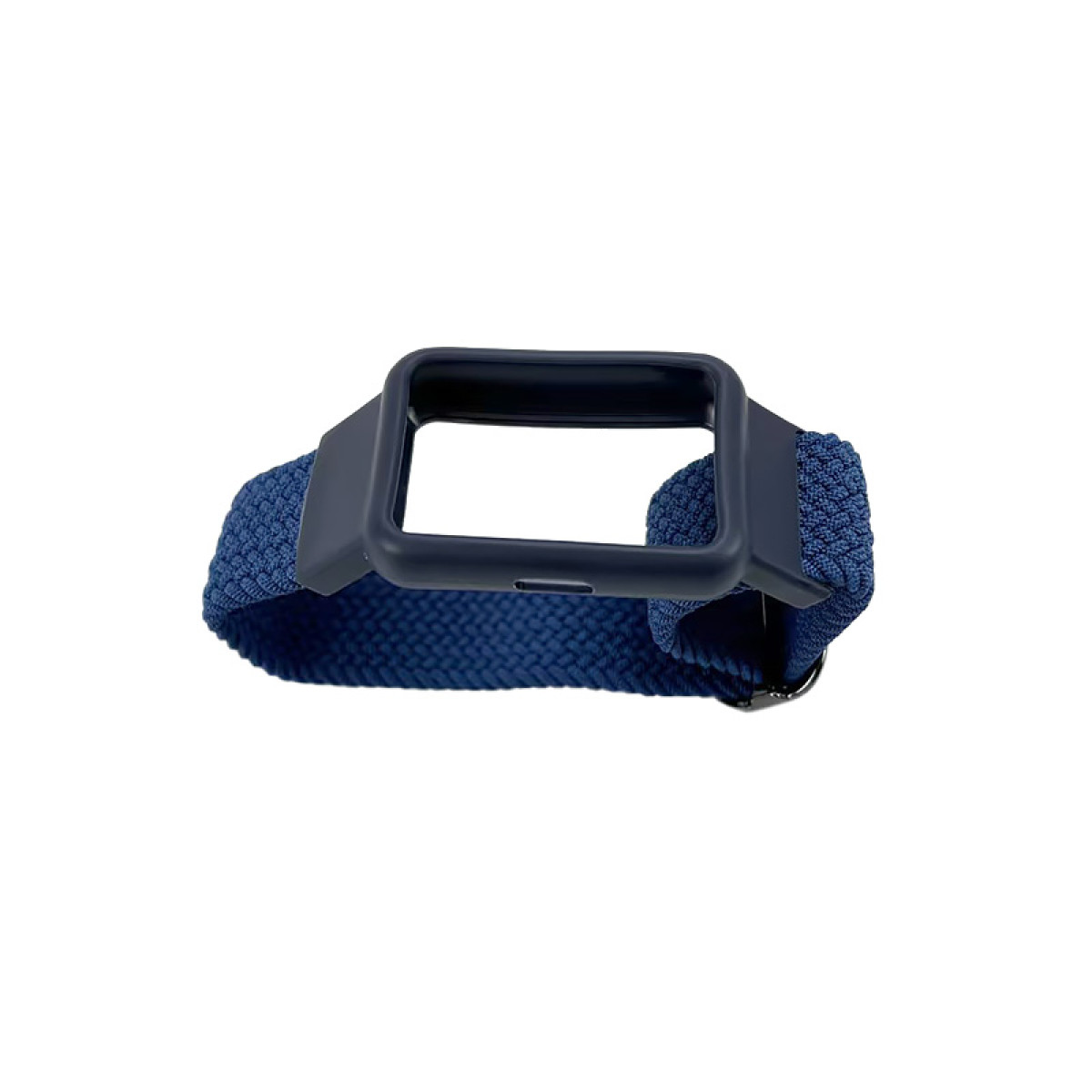 Ein marineblaues Smartwatch-Armband mit quadratischem Rahmen. Das Band ist geflochten und der Rahmen ist dunkelblau. Der Hintergrund ist weiß.