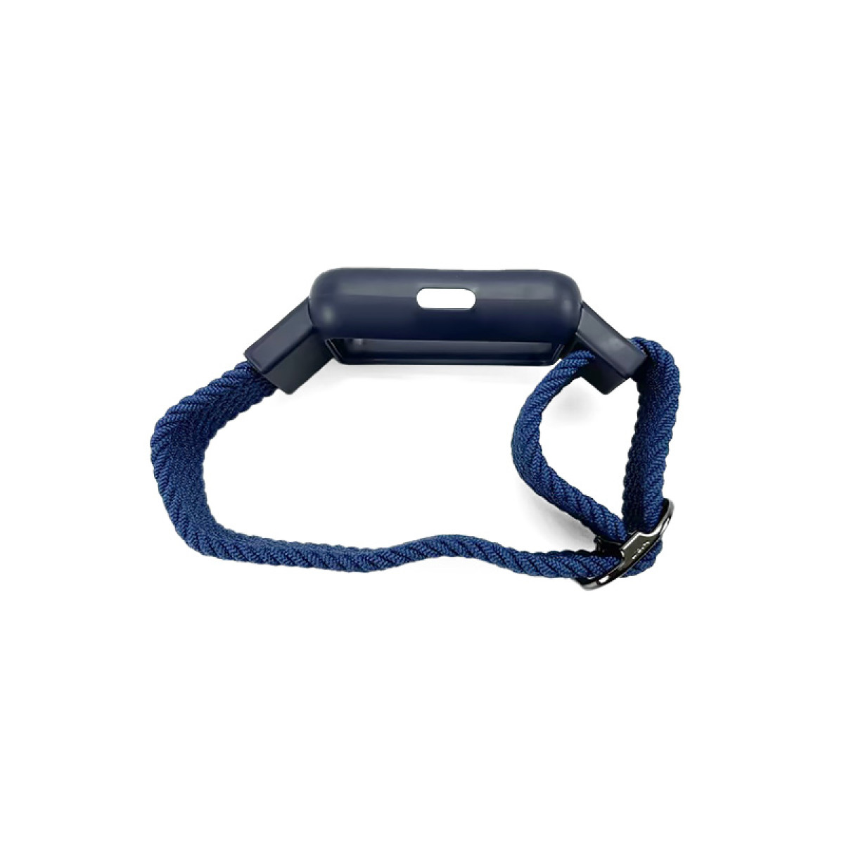 Ein dunkelblaues Uhrengehäuse mit einem passenden geflochtenen Armband. Es ist vor weißem Hintergrund. Der Riemen hat einen Metallverschluss.