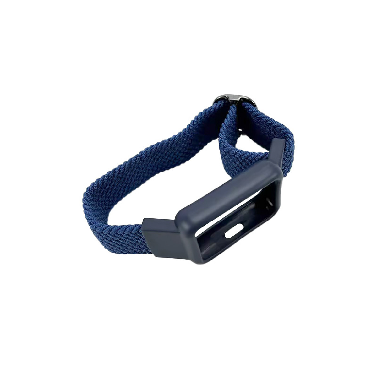 Ein dunkelblaues Uhrenarmband mit gewebter Textur und ein dunkelblaues Uhrengehäuse auf weißem Hintergrund.