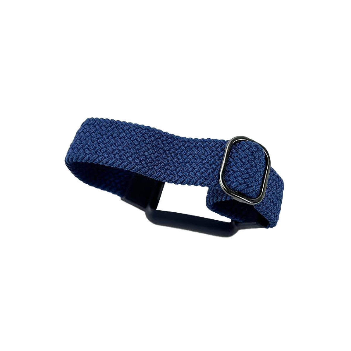 Ein blau gewebtes Uhrenarmband mit silberner Schnalle, vor weißem Hintergrund.