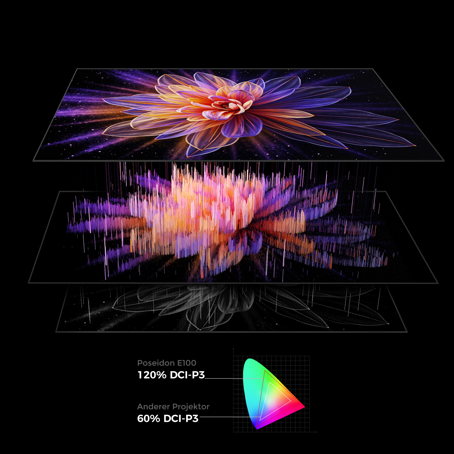 Un design floral stylisé est superposé. En dessous, des dégradés pixélisés et des graphiques de spectre de couleurs. L'image a un fond sombre.