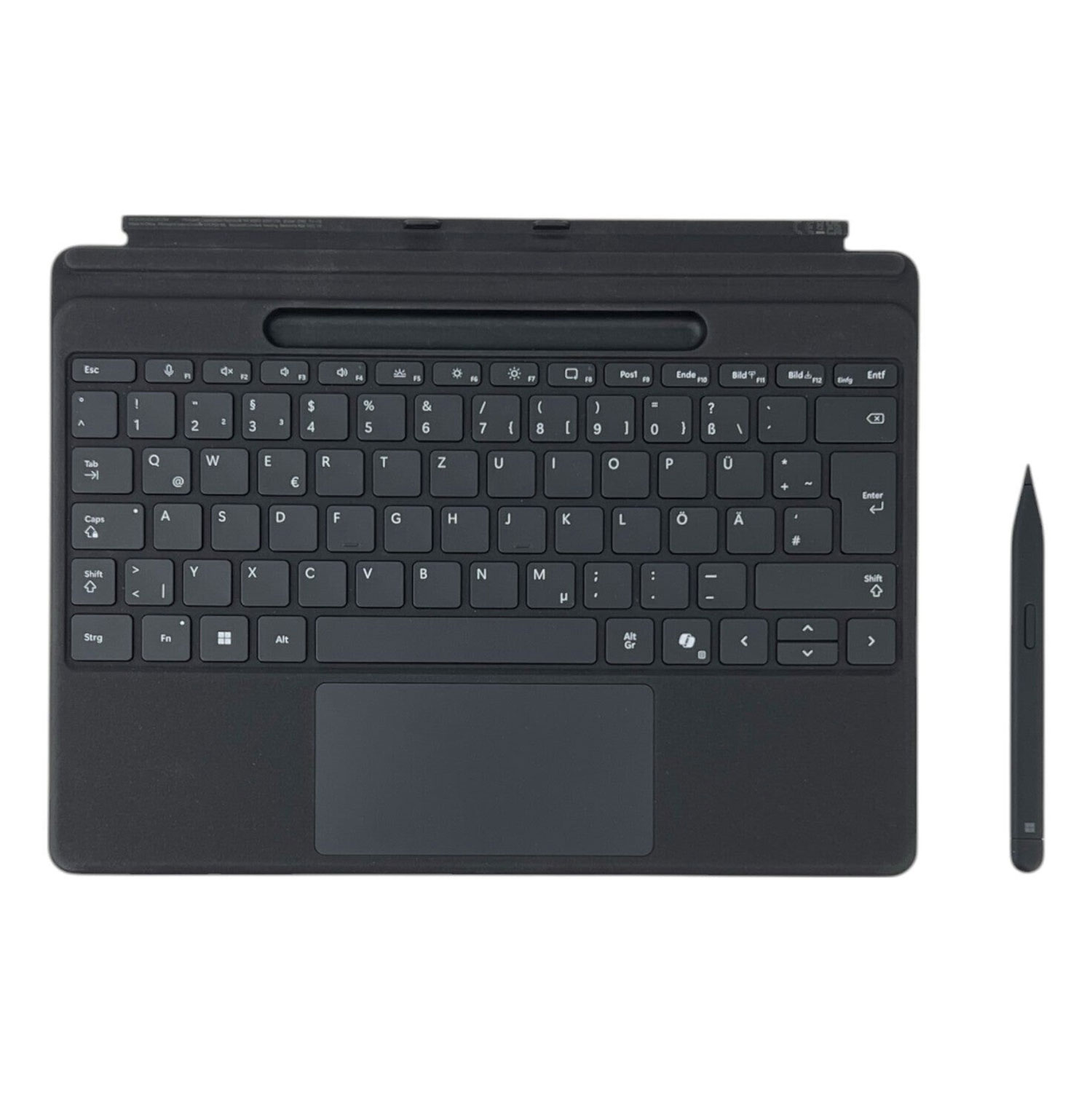Eine schwarze Tastatur und ein Stift auf weißem Hintergrund. Die Tastatur hat Tasten mit Symbolen und Buchstaben. Der Stift steht aufrecht.