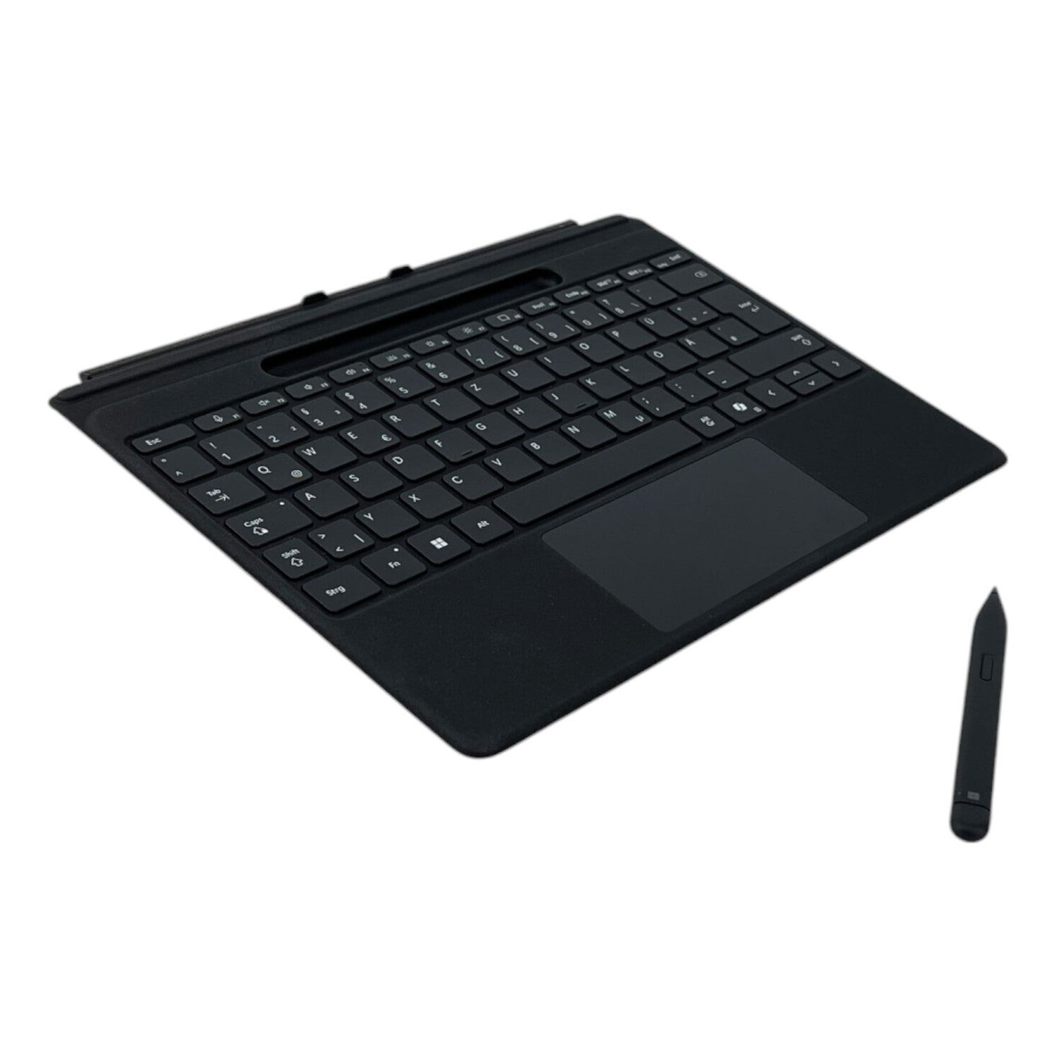 Schwarze Tastatur mit Touchpad und Stift auf weißem Hintergrund. Die Tastatur ist offen und einsatzbereit.