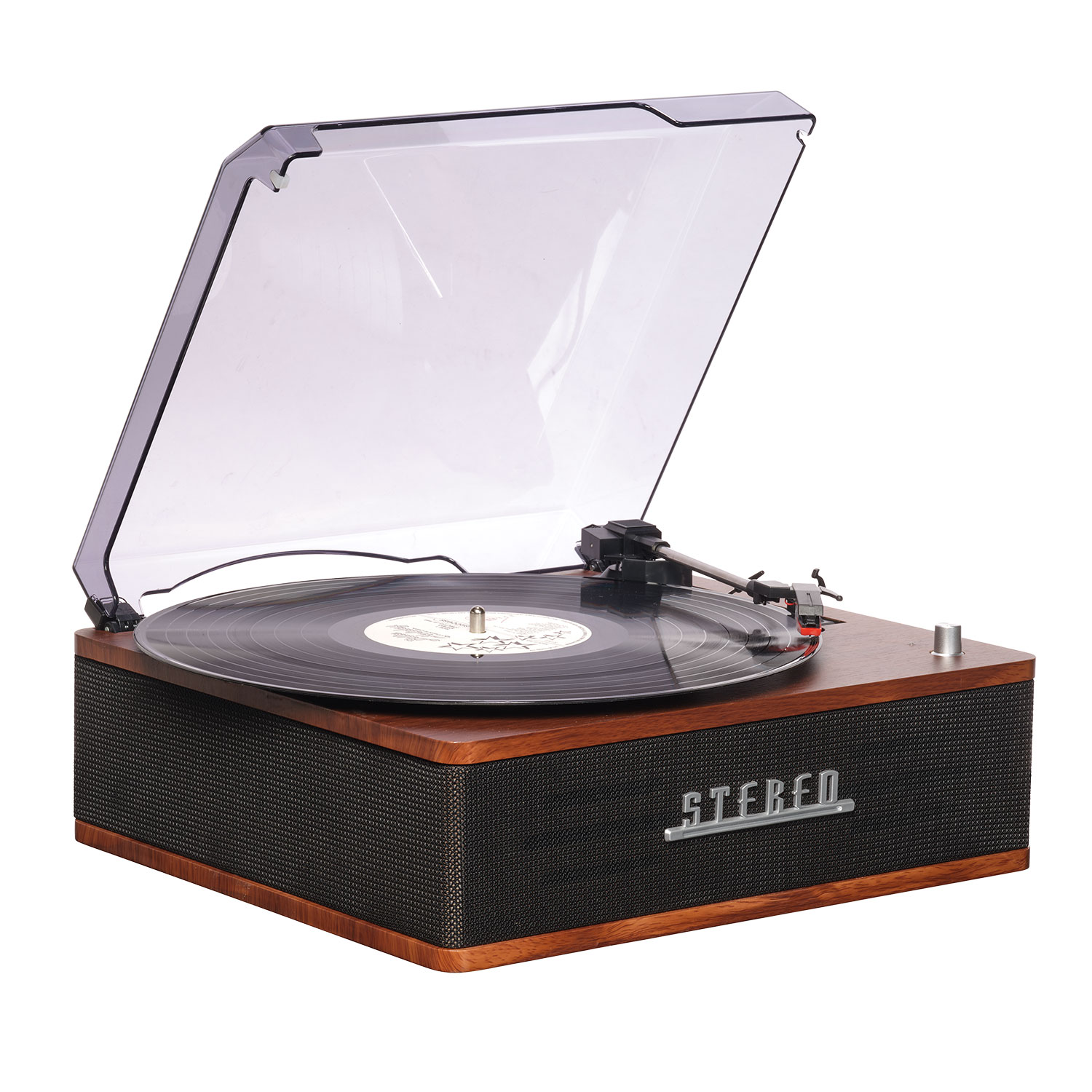 Une platine stéréo en bois avec un couvercle transparent, un disque vinyle noir et le mot 'STEREO' sur le devant.