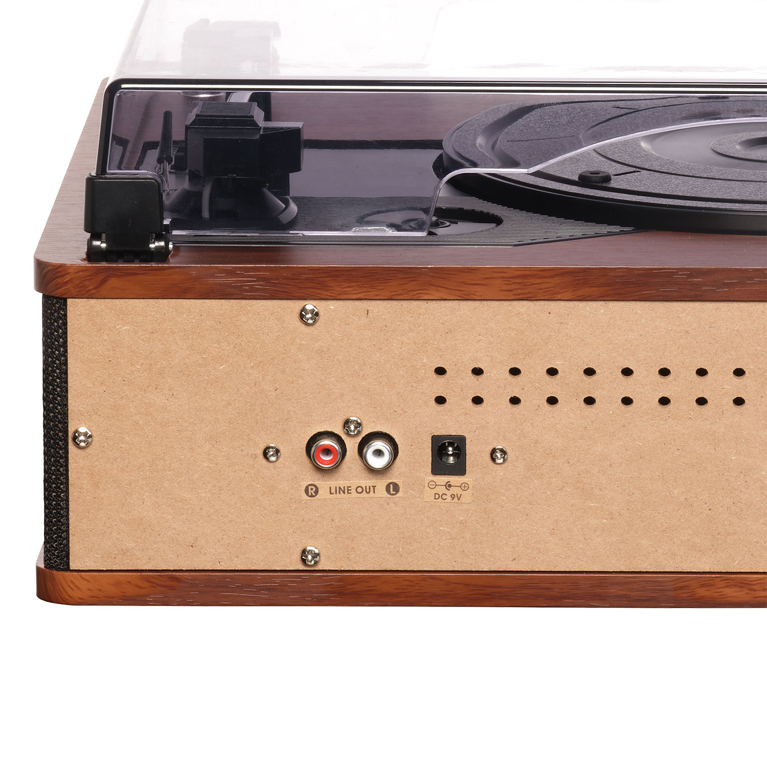 Une platine vinyle en bois avec un couvercle en plastique transparent. Détails : plateau tournant, ports de sortie ligne et entrée d'alimentation CC.