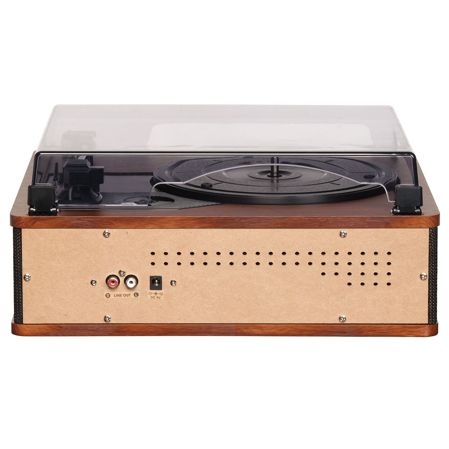 Une platine vinyle en bois avec un couvercle transparent. Elle possède un lecteur de disques noir et divers ports d'entrée/sortie.