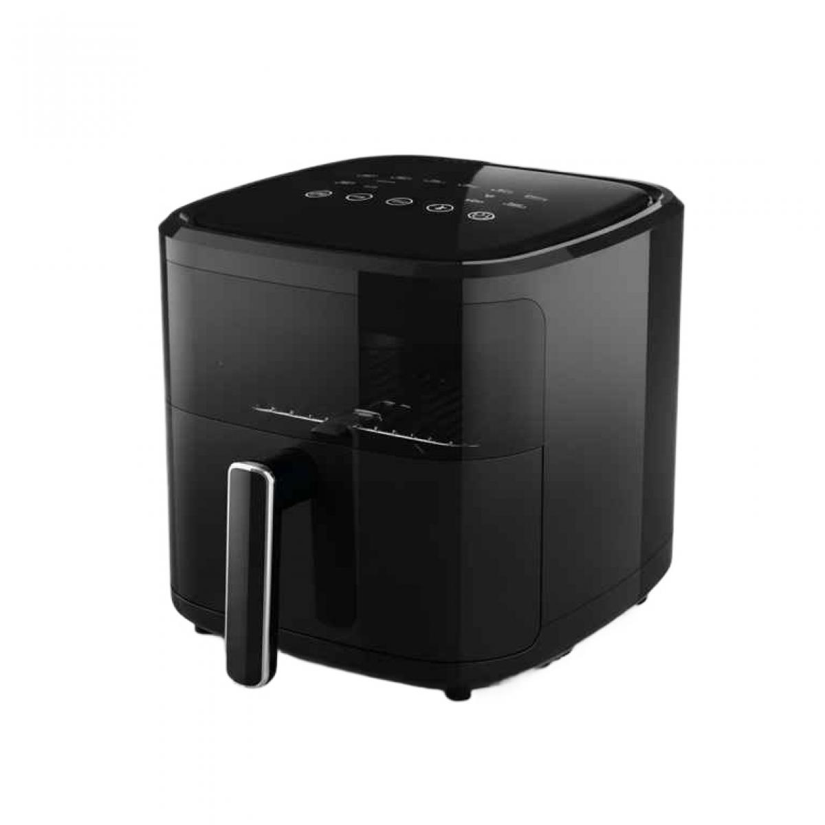 Ein schwarzer Airfryer auf einer weißen Oberfläche. Er hat einen Griff, ein Bedienfeld und ein digitales Display. Das Design ist modern und elegant.