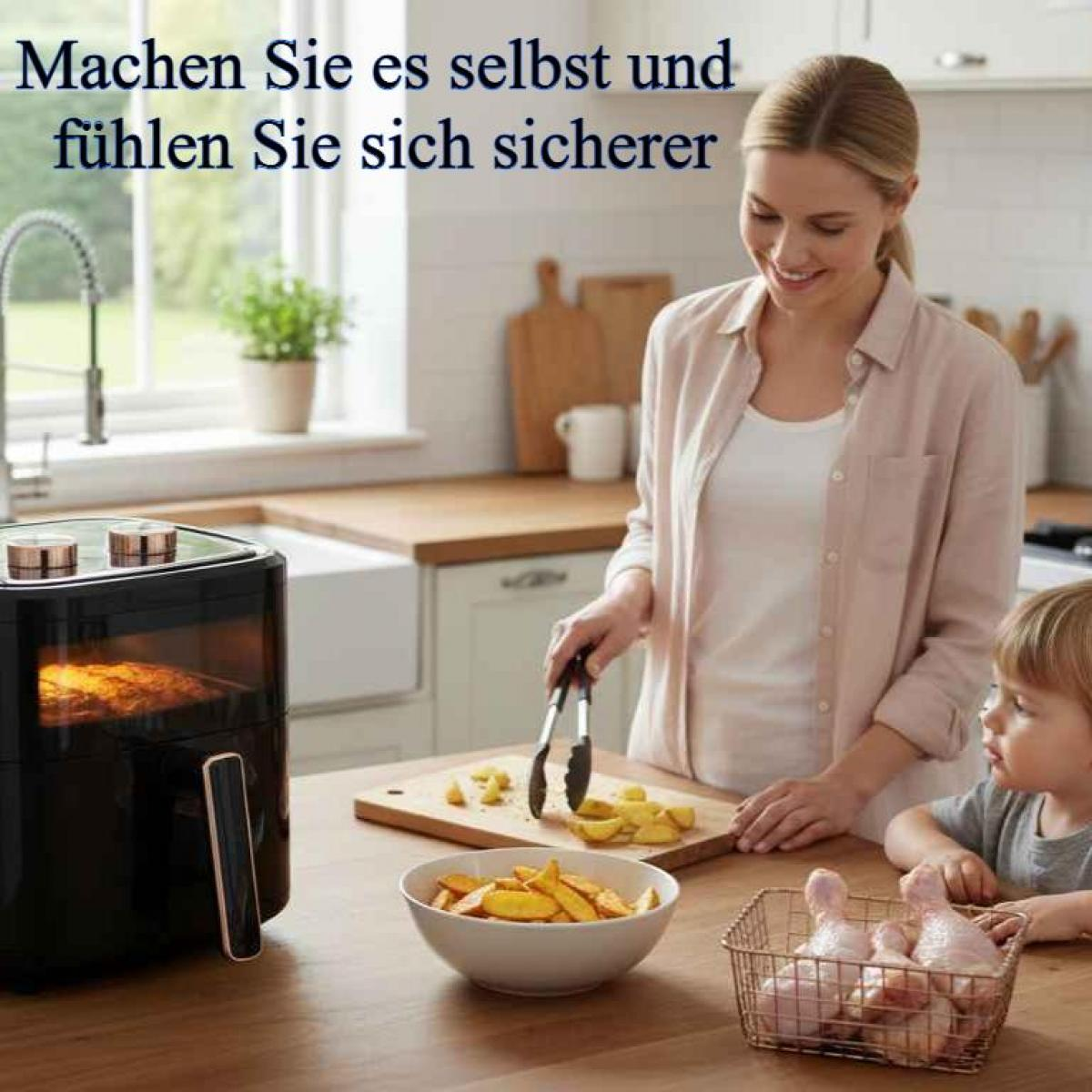 Eine Frau und ein Kind in einer Küche. Die Frau benutzt eine Zange. Es gibt eine Heißluftfritteuse, eine Schüssel Pommes und einen Korb mit Hähnchen.