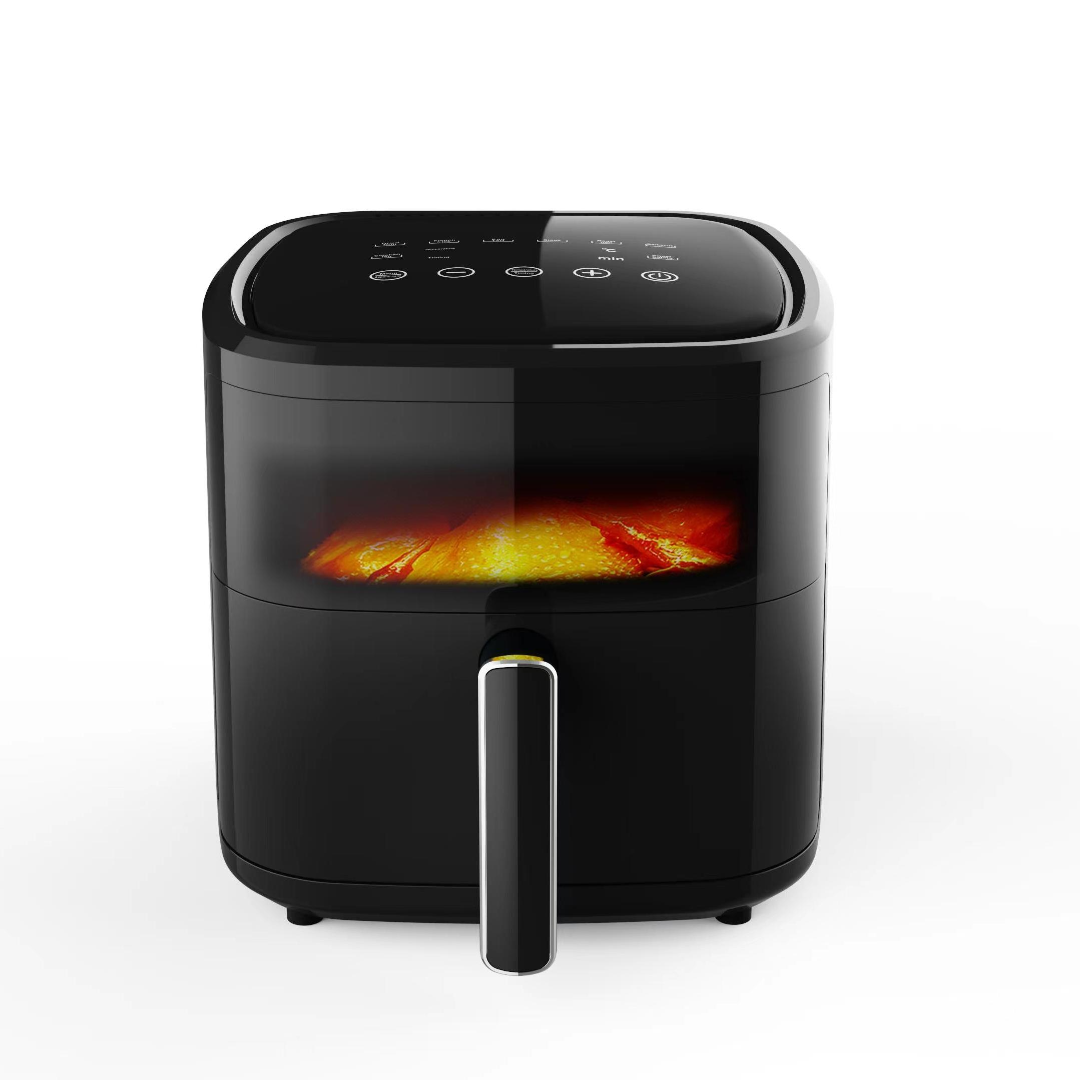 Schwarze Heißluftfritteuse mit digitaler Steuerung. Innen ist ein Garprozess mit gelbem und rotem Licht zu sehen.