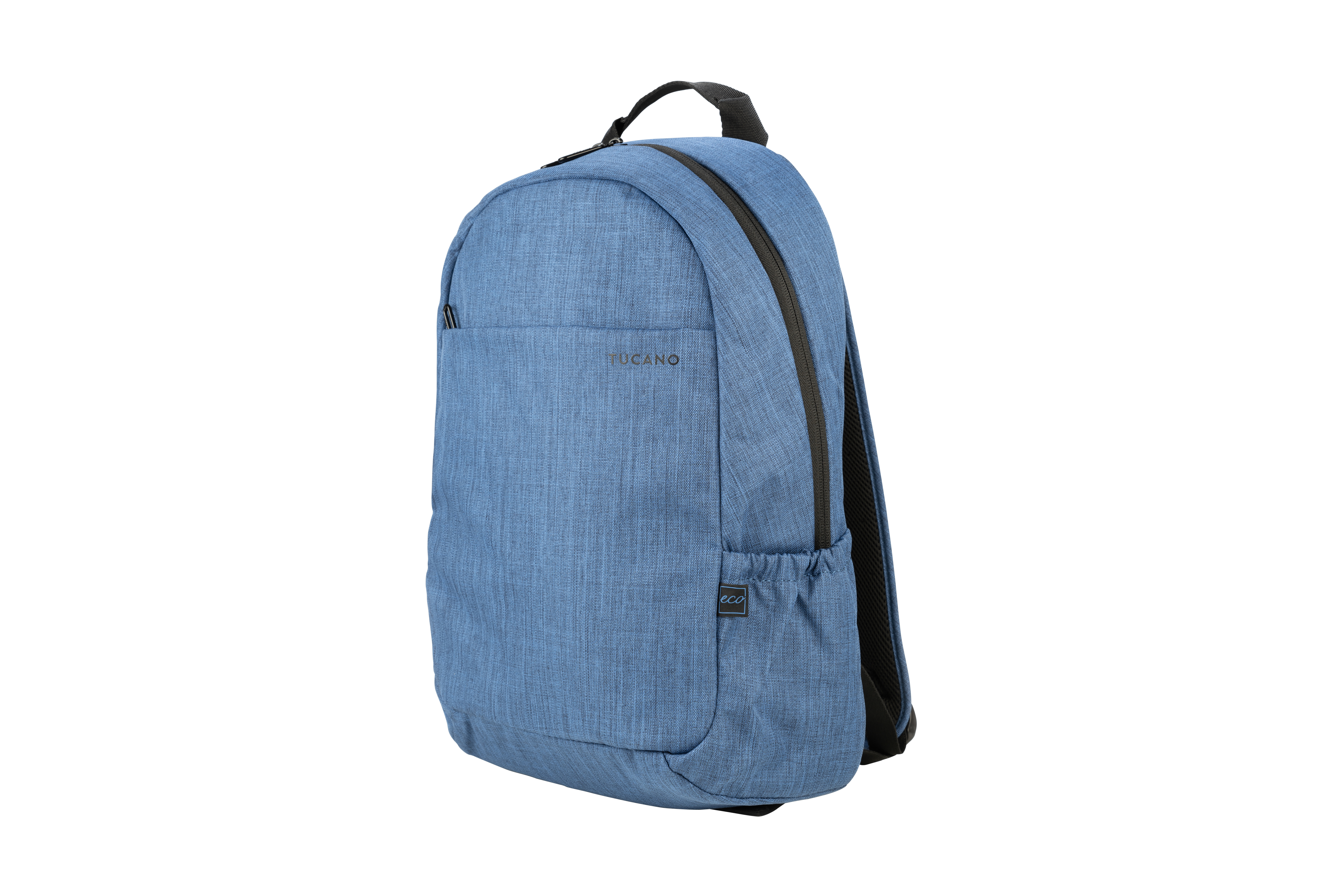 Ein blauer Tucano-Rucksack. Er hat eine Vordertasche und einen schwarzen Reißverschluss. Er ist freigestellt.