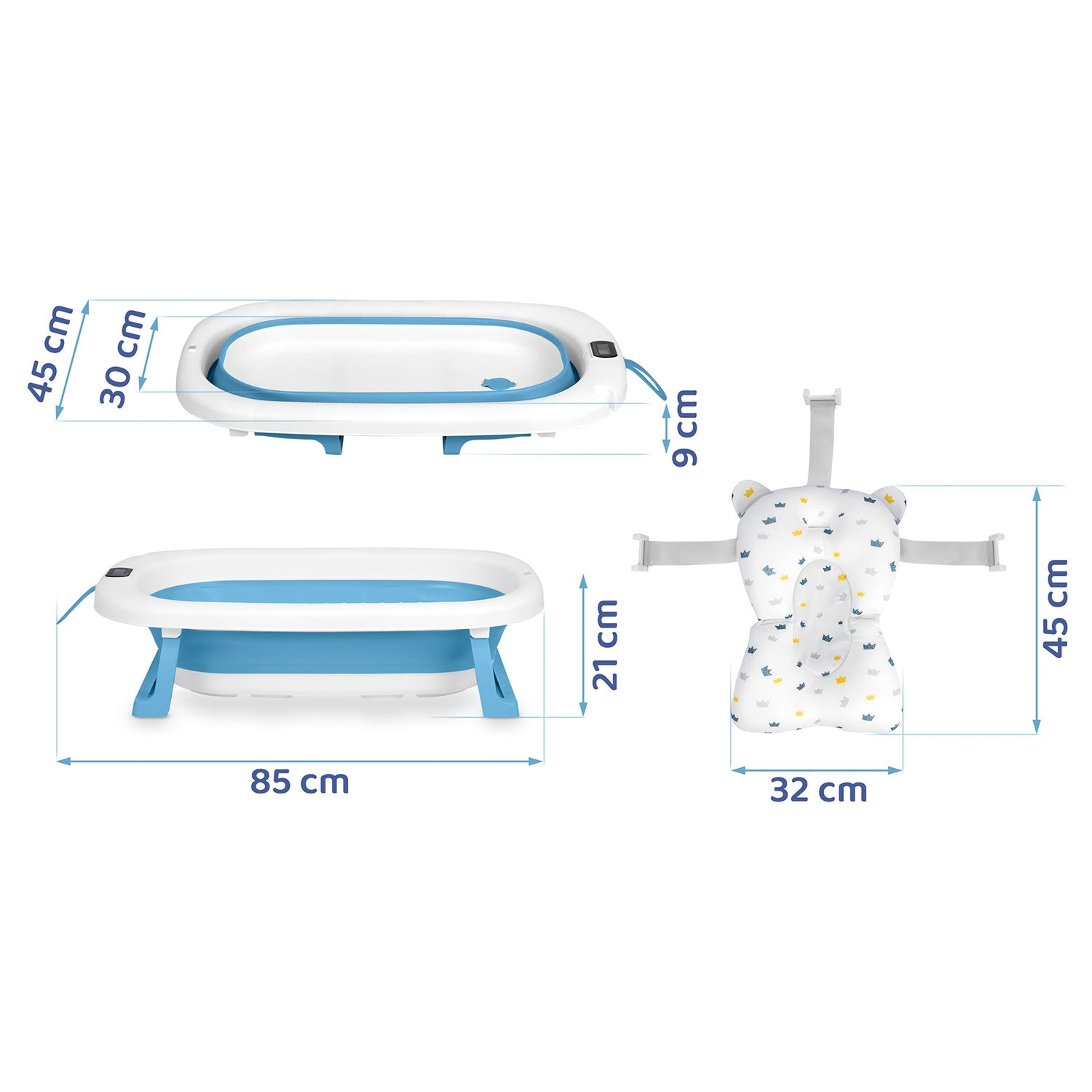 Una bañera para bebés y un soporte para el baño con dimensiones. La bañera es blanca y azul, el soporte es blanco con patrón de corona.