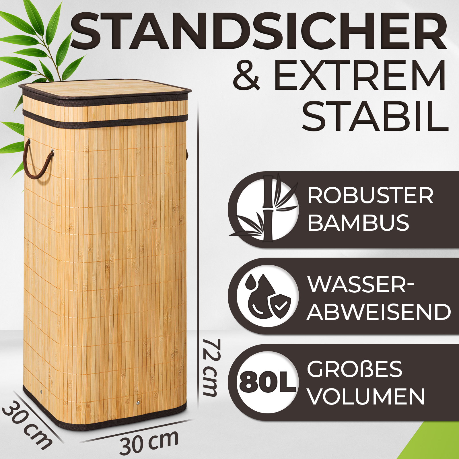Ein Wäschekorb aus Bambus mit brauner Umrandung. Abmessungen sind angegeben. Text beschreibt Merkmale: robust, wasserabweisend, großes Volumen.