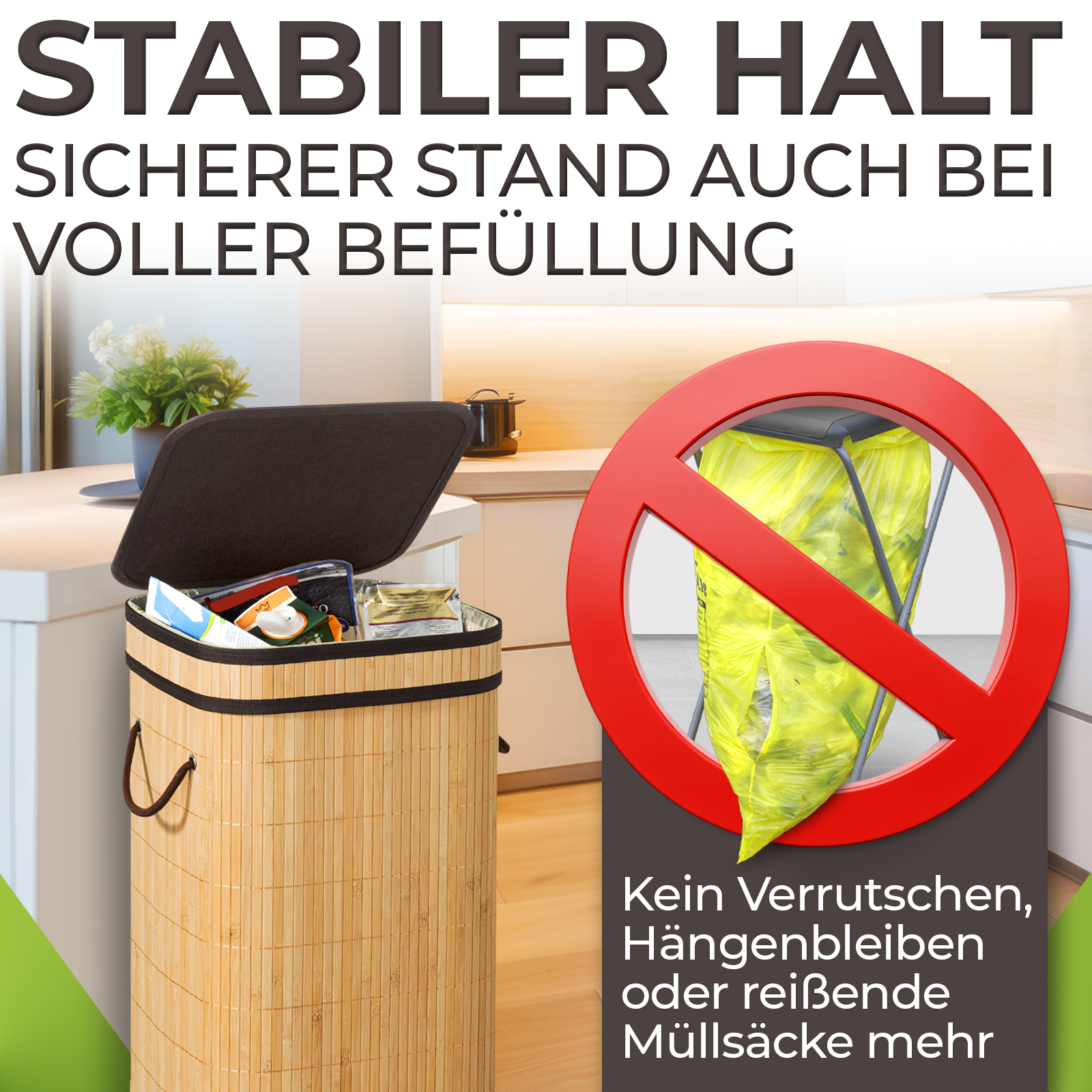 Ein Bambus-Mülleimer mit offenem Deckel. Ein rotes Verbotszeichen mit einem gelben Müllsack ist sichtbar.