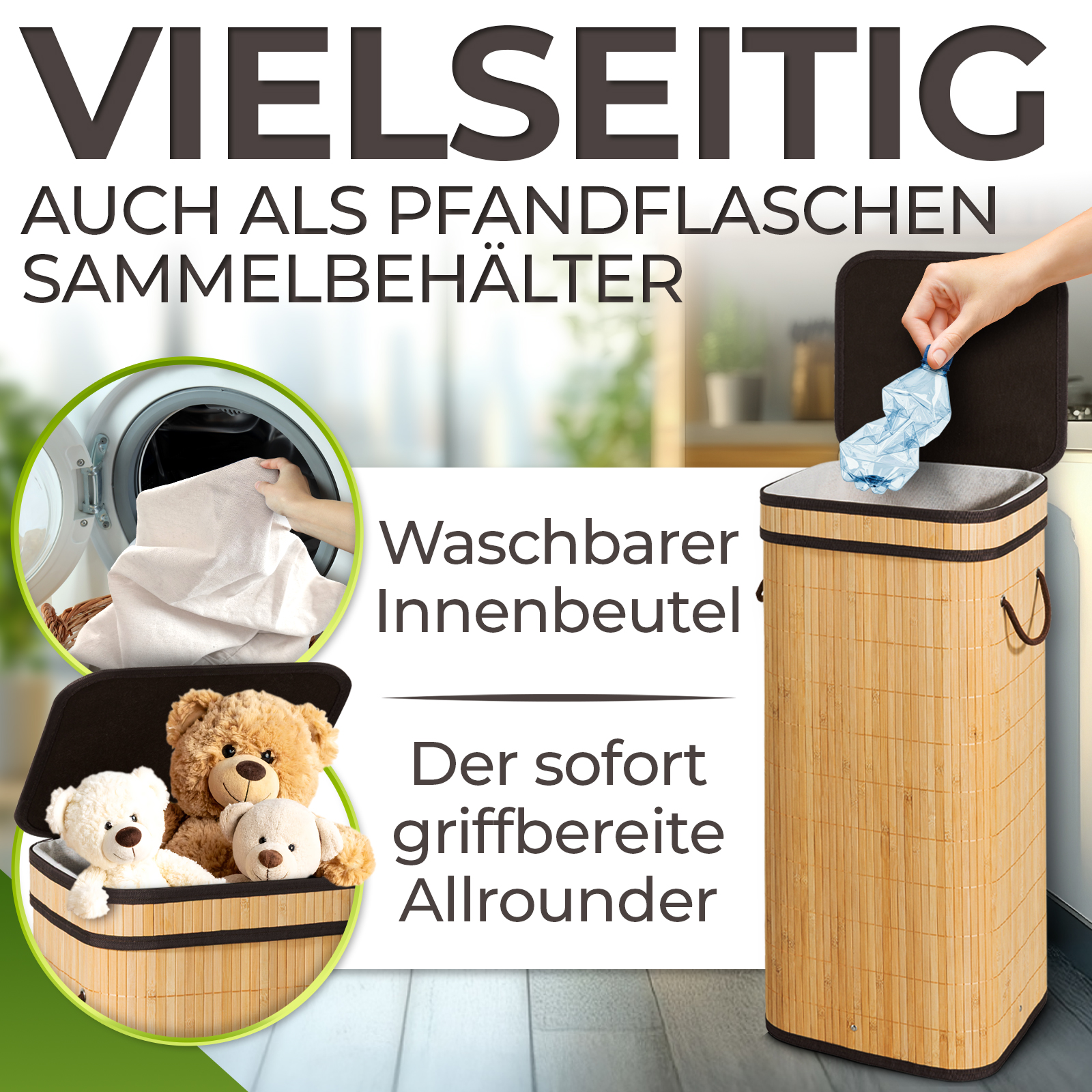 Ein Bambus-Wäschekorb. Eine Hand legt eine Flasche hinein. Im Korb liegen Teddybären.