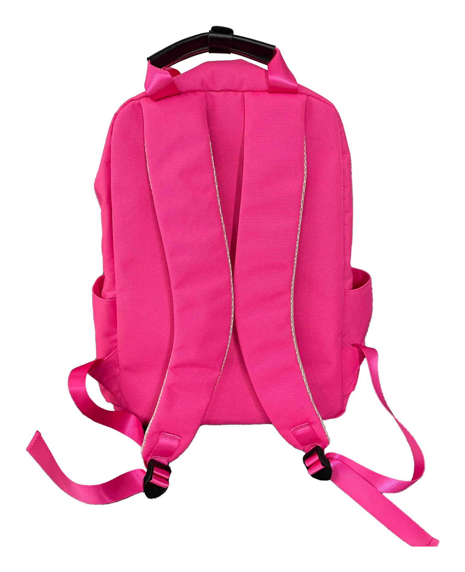 Rosa Rucksack mit schwarzem Griff und Trägern. Er hat zwei Schultergurte und Seitentaschen. Der Hintergrund ist weiß.
