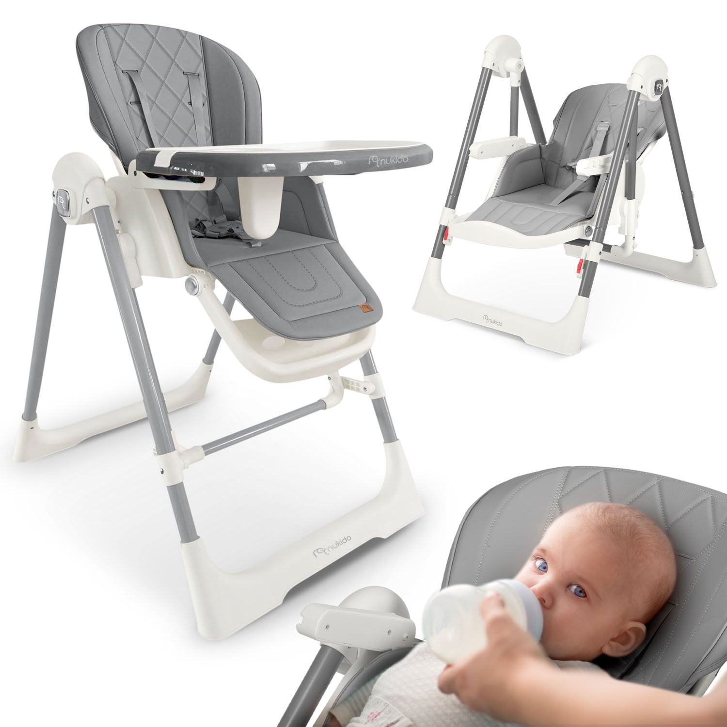Una trona para bebé en gris y blanco, con un bebé en la silla alimentado con biberón. Vistas adicionales de la silla.