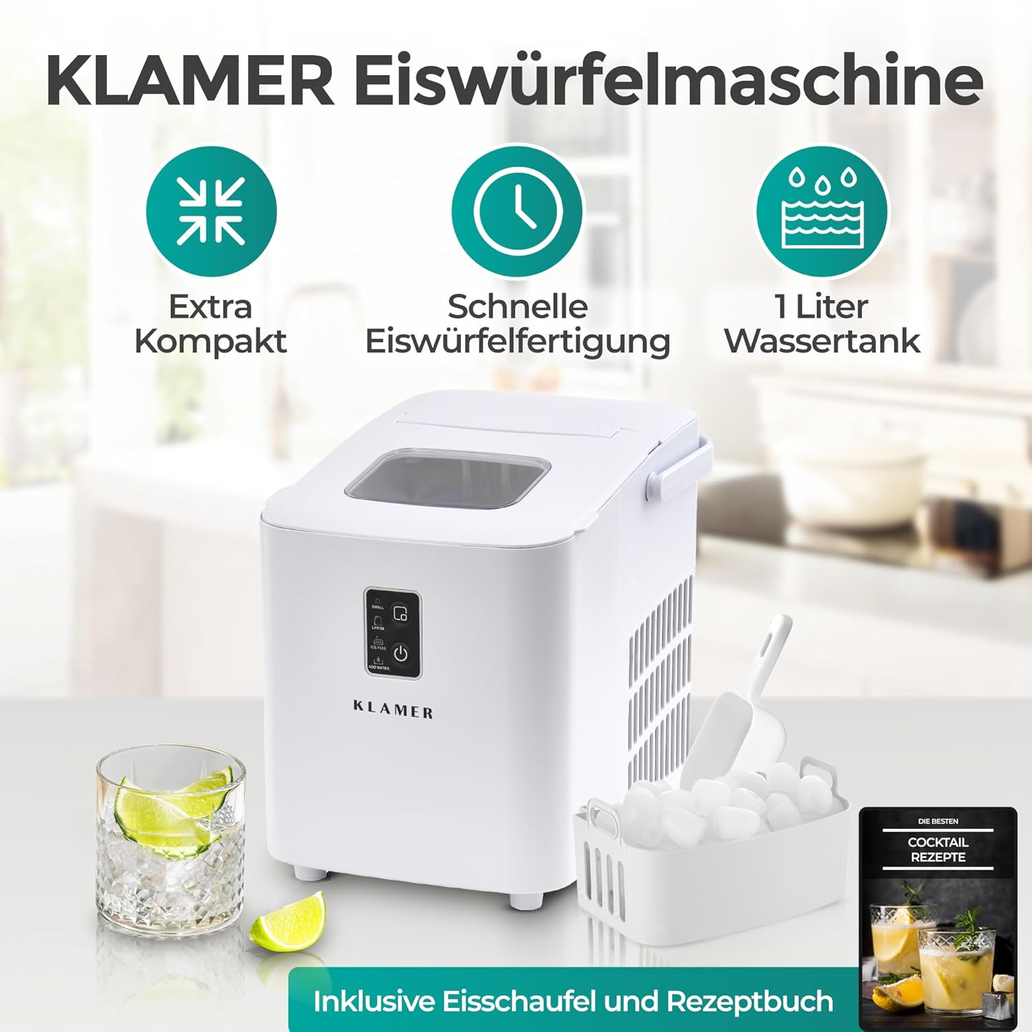 Eine weiße Eiswürfelmaschine mit Eiswürfeln, einem Cocktailglas und einem Rezeptbuch. Die Maschine hat ein Bedienfeld und einen Wassertank.