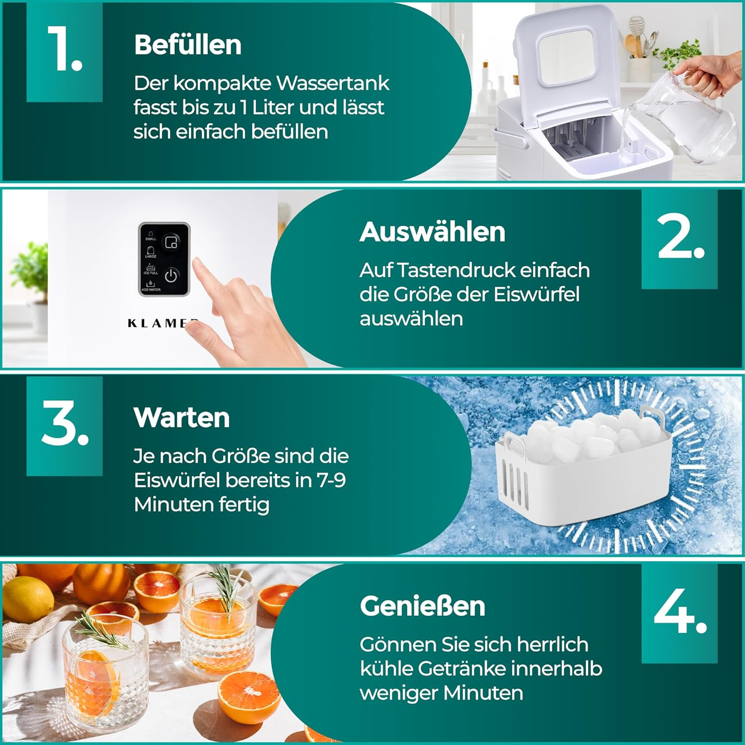 Eisbereiter-Schritte: füllen, Größe wählen, 7-9 Minuten warten und kalte Getränke genießen. Enthält Eisbereiter und Getränke mit Orangen.