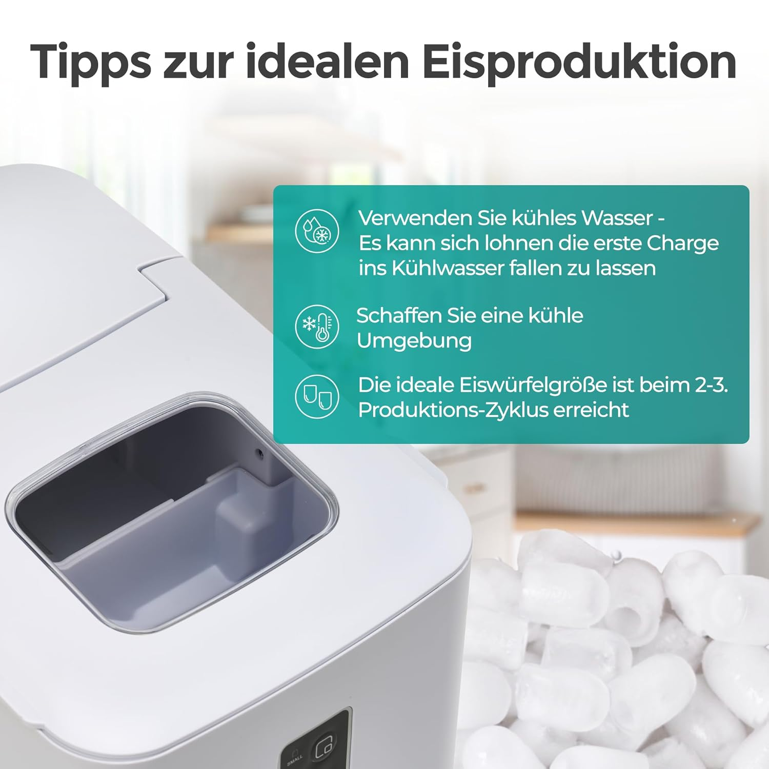 Eismaschine mit Text, Eiswürfeln und Empfehlungen zur Eisproduktion. Die Maschine ist weiß und der Text ist auf Deutsch.