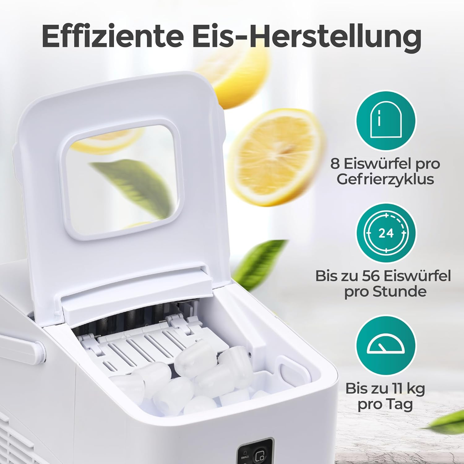 Ein weißer Eisbereiter ist geöffnet und zeigt Eiswürfel. Text: Effiziente Eisproduktion. Auch Zitronenscheiben und Infografiken zur Eismenge.