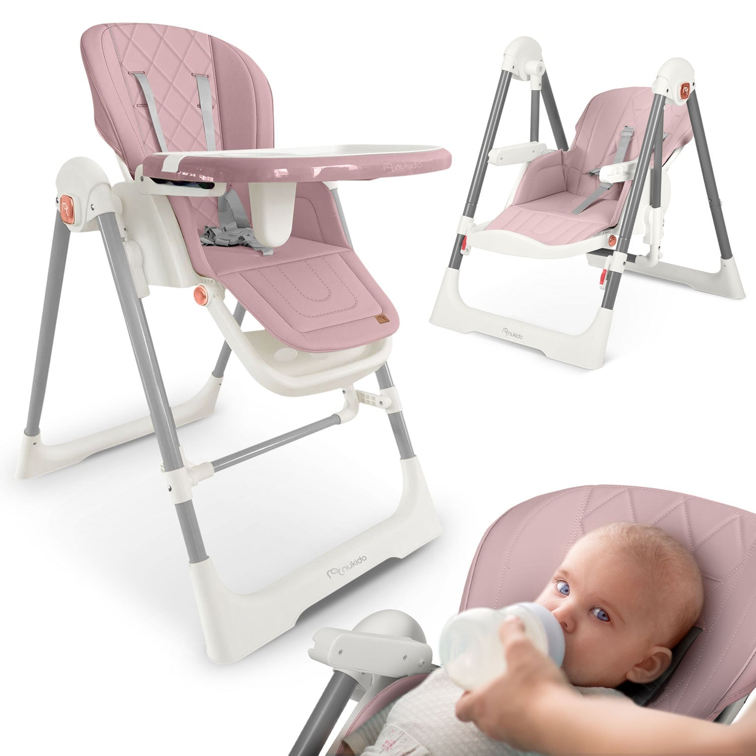 Una trona rosa con un bebé bebiendo de un biberón. La silla es blanca y gris con la marca Nukido.