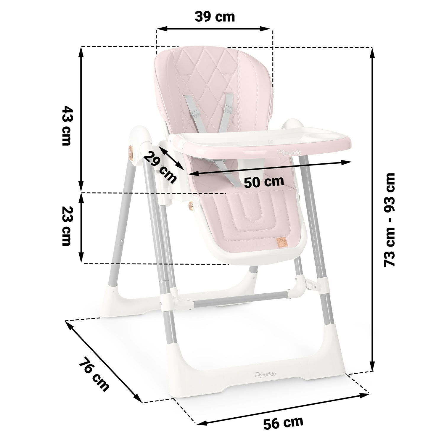 Una trona rosa para bebé con dimensiones indicadas. La silla tiene una bandeja, asiento y respaldo. Está sobre un marco blanco con patas grises.