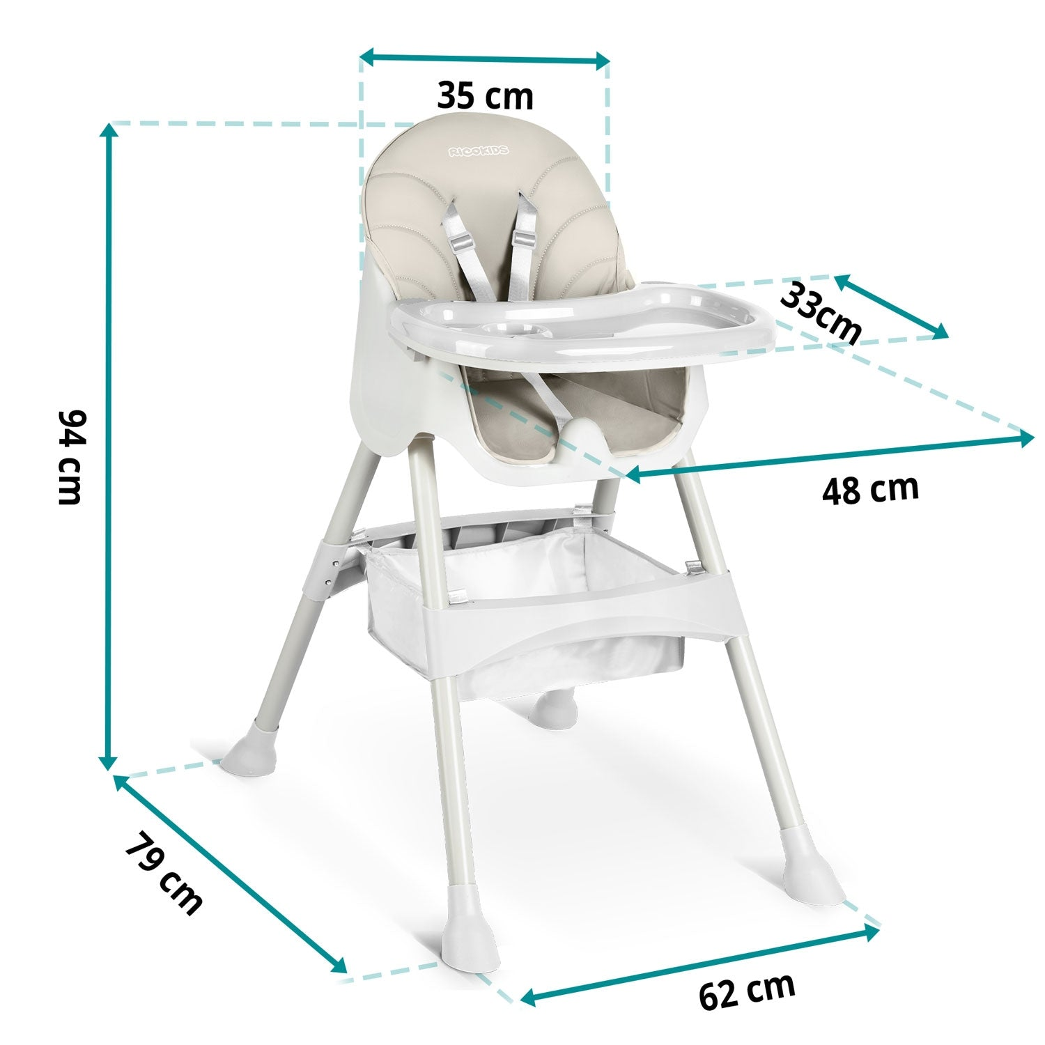 Una trona blanca con asiento y bandeja beige. Dimensiones: 94 cm altura, 62 cm ancho, 79 cm profundidad, bandeja 33 cm, asiento 35 cm.