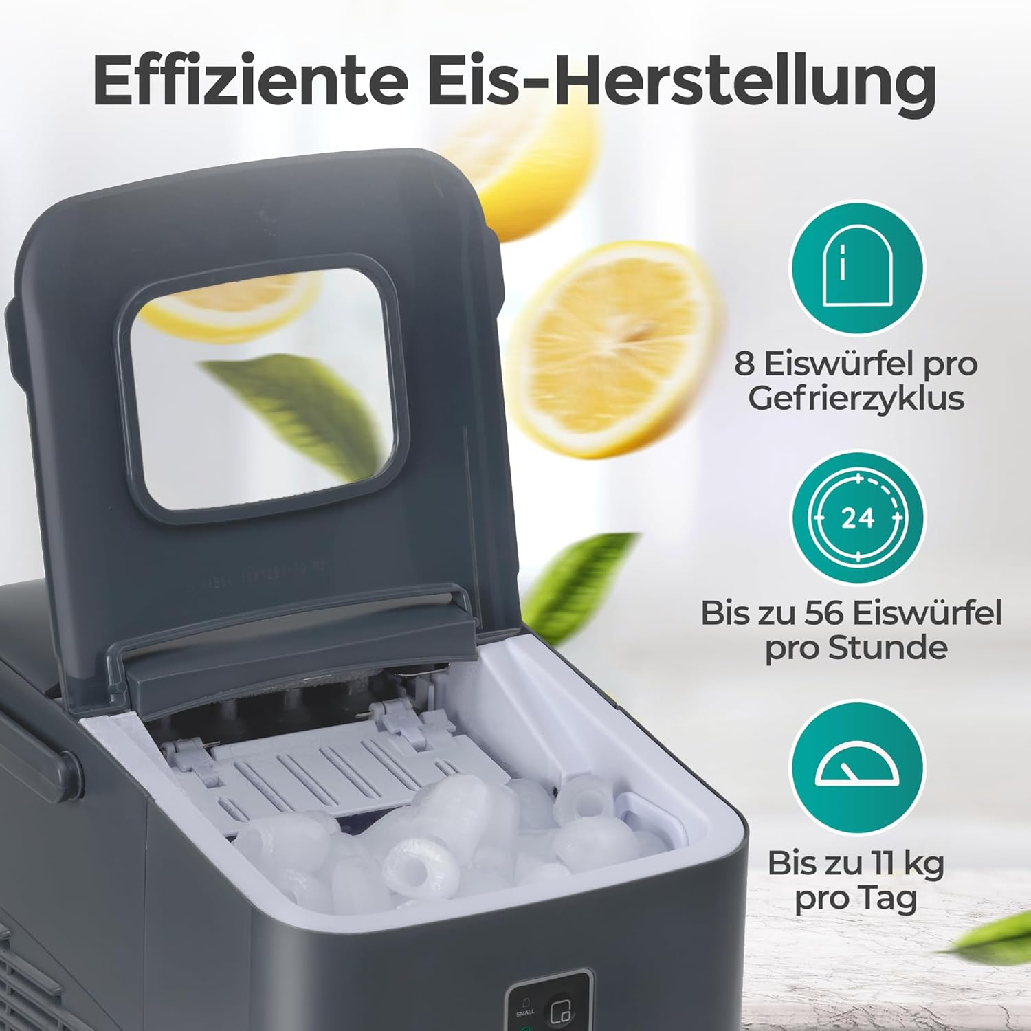 Ein Eisbereiter ist geöffnet und zeigt Eiswürfel. Text beinhaltet: 8 Eiswürfel pro Zyklus, bis zu 56 pro Stunde und bis zu 11 kg pro Tag.