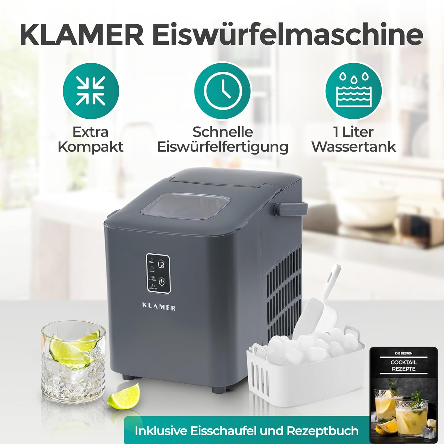 Eine Eismaschine mit Eis, ein Glas mit Limette und Eis und ein Cocktail-Rezeptbuch stehen auf einer weißen Oberfläche.