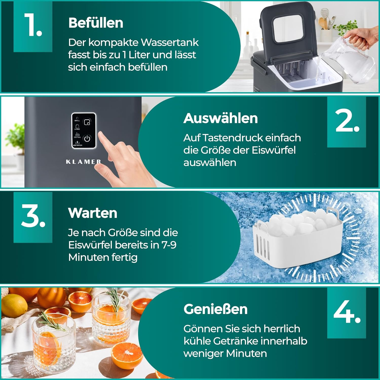 Ein Eisbereiter-Prozess: Befüllen, Größe auswählen, auf Eis warten und ein Getränk mit Orangen und Eis genießen.