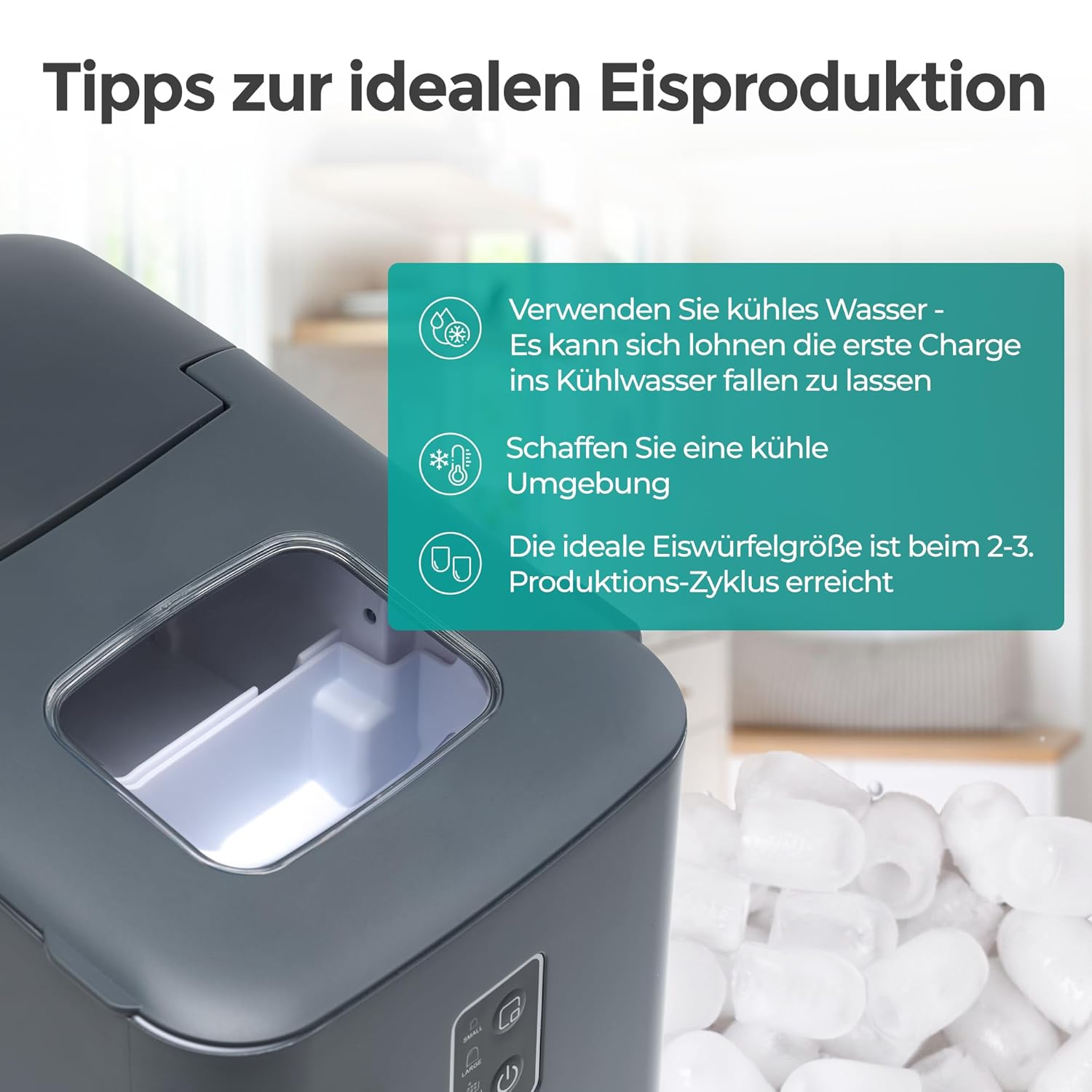 Ein Eismaschine mit Tipps zur Eisproduktion, Text auf Deutsch und Eiswürfeln. Eine dunkelgraue Eismaschine ist im Vordergrund.