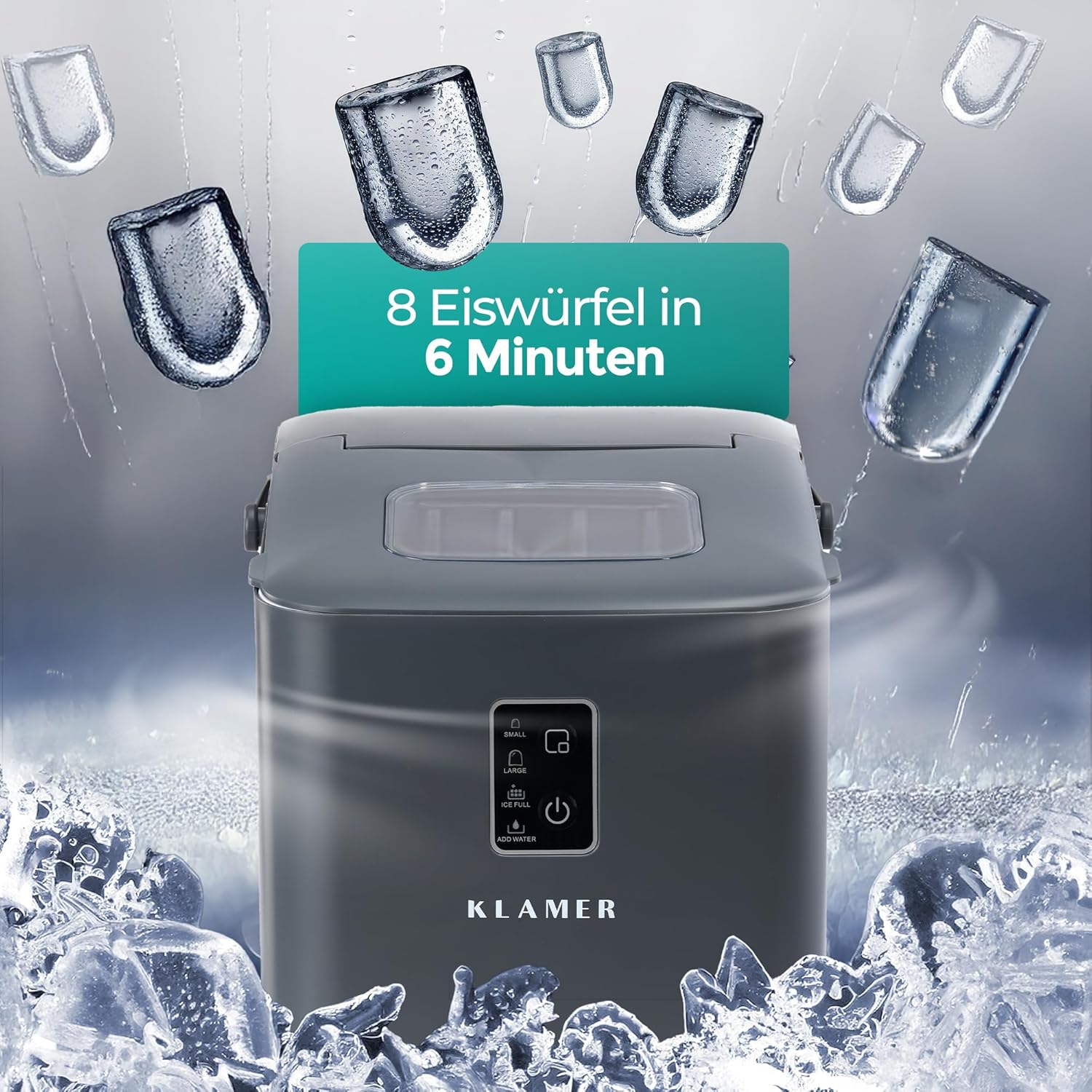 Eismaschine mit Eiswürfeln. Text: '8 Eiswürfel in 6 Minuten'. Graue Maschine mit Eis um die Basis und fallendem Eis.